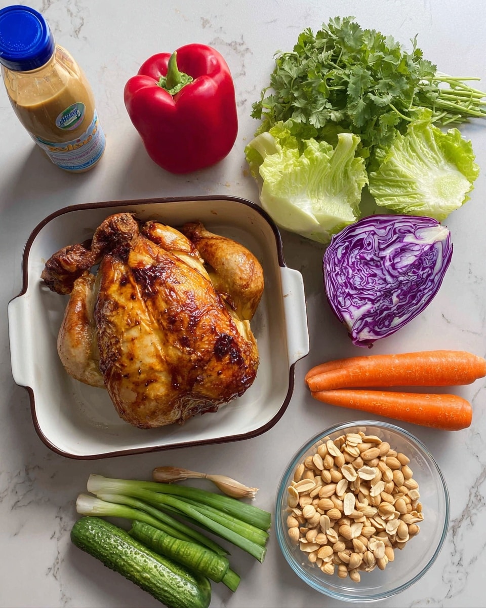 A roasted whole chicken with a brown crispy skin sits in a white rectangular dish with a dark rim, placed on a white marbled surface. Around it are fresh vegetables including two orange carrots, a bright red bell pepper, a wedge of purple cabbage, a bunch of green spring onions, a handful of small green cucumbers, green leafy lettuce, and some fresh green cilantro leaves. There is also a clear glass bowl filled with salted peanuts and a bottle of roasted sesame salad dressing with a blue cap. The scene is neatly arranged and well-lit, showing the natural textures and colors of the ingredients. photo taken with an iphone --ar 4:5 --v 7