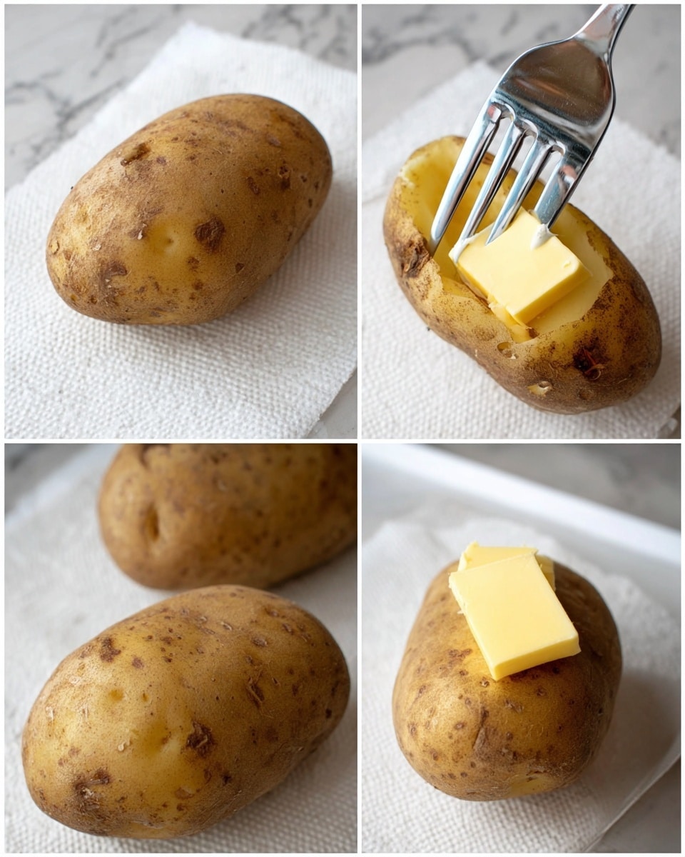 The image shows three brown potatoes with slightly rough skin, placed on a white paper towel over a white marbled surface in the first frame. In the second frame, a close-up shows a silver fork piercing one potato, highlighting its textured skin and light brown color with dark spots. The third frame features two potatoes on the white marbled surface, each with a small cube of yellow butter resting on top, emphasizing the contrast of the smooth butter against the rough potato skin. Photo taken with an iphone --ar 4:5 --v 7