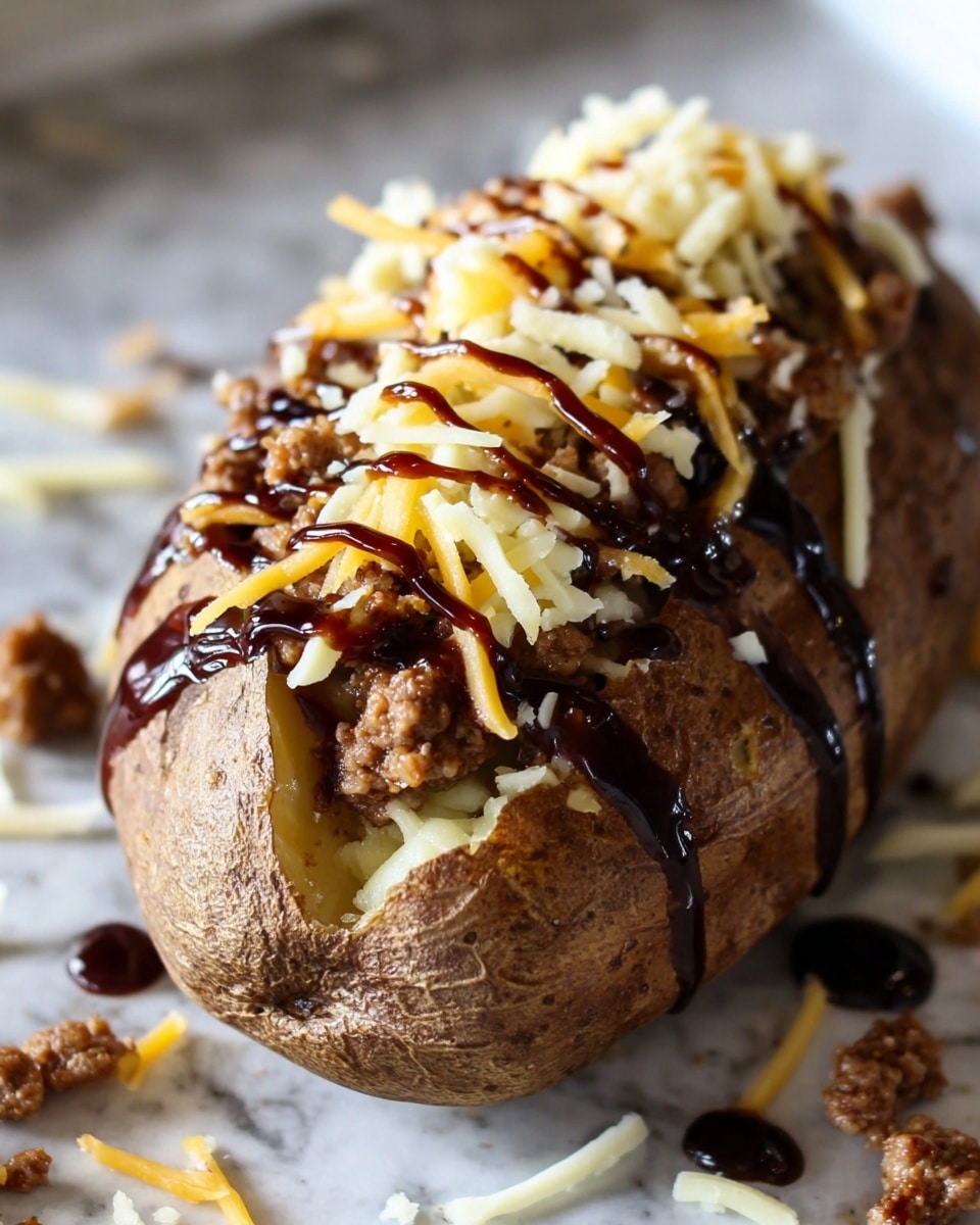 A close-up of a baked potato with a rough brown skin texture placed on a white marbled surface; the potato is topped with a layer of ground meat that is crumbled and browned, followed by a generous sprinkle of shredded pale yellow cheese pieces, and finished with dark brown sauce drizzled over the top, creating shiny glossy streaks; some cheese shreds and small meat crumbs are scattered around the potato on the surface. photo taken with an iphone --ar 4:5 --v 7