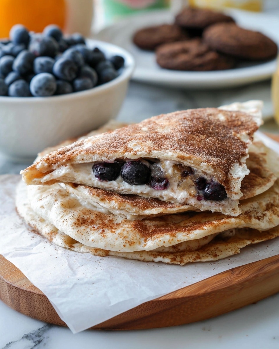 The image shows a stack of three thin flatbread layers placed on white parchment paper on a wooden board. The flatbreads are light golden brown with a dusting of cinnamon or brown sugar on top. The top flatbread is folded in half, revealing a filling that includes whole blueberries and a creamy white spread. In the background, there is a white bowl filled with fresh blueberries and a white plate with several dark brown cookies. The setting is on a white marbled surface. The photo taken with an iphone --ar 4:5 --v 7