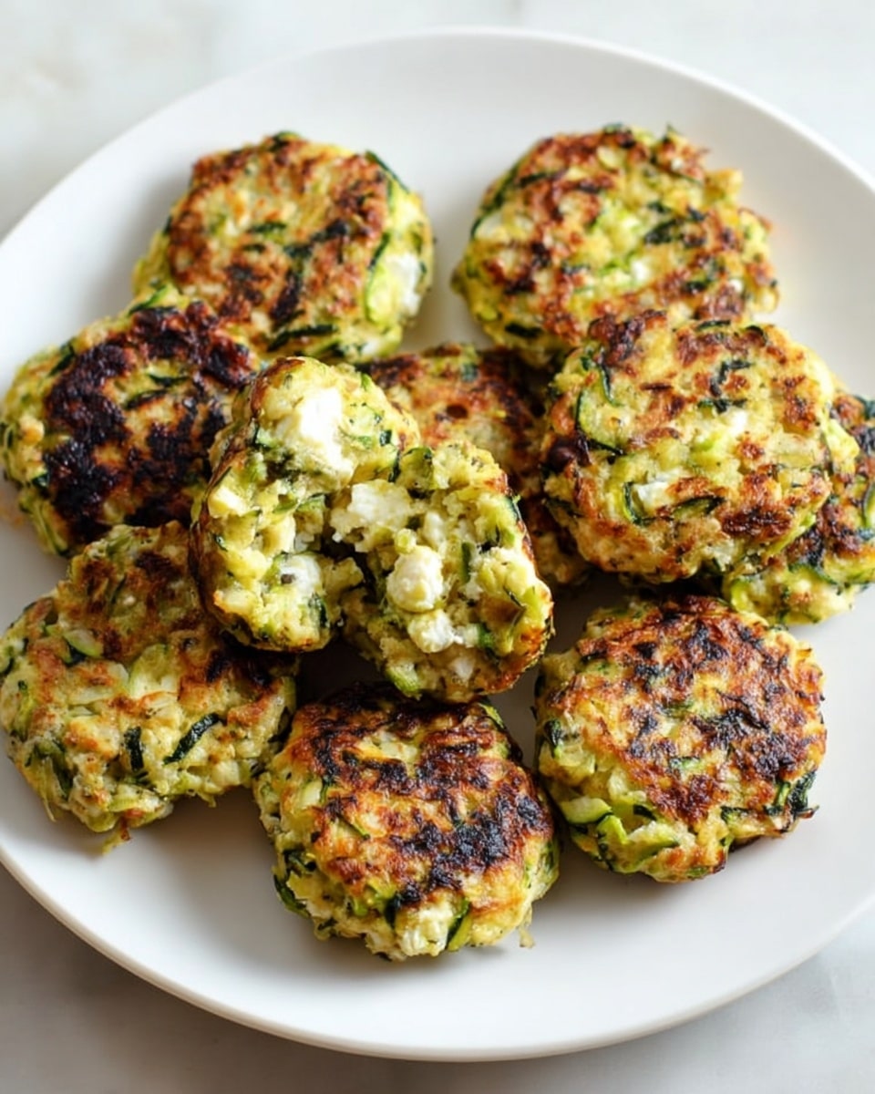 The image shows a white rectangular plate with ten small, oval-shaped patties that are golden brown with green flecks throughout, indicating the presence of chopped herbs or vegetables. The patties have a slightly crispy texture with browned spots on top, giving them a homemade look. In the top right corner of the plate, there is a section with a smooth, deep red sauce that contrasts with the light colors of the patties. The plate is placed on a white marbled surface with part of a blue and white cloth visible in the upper left corner. photo taken with an iphone --ar 4:5 --v 7