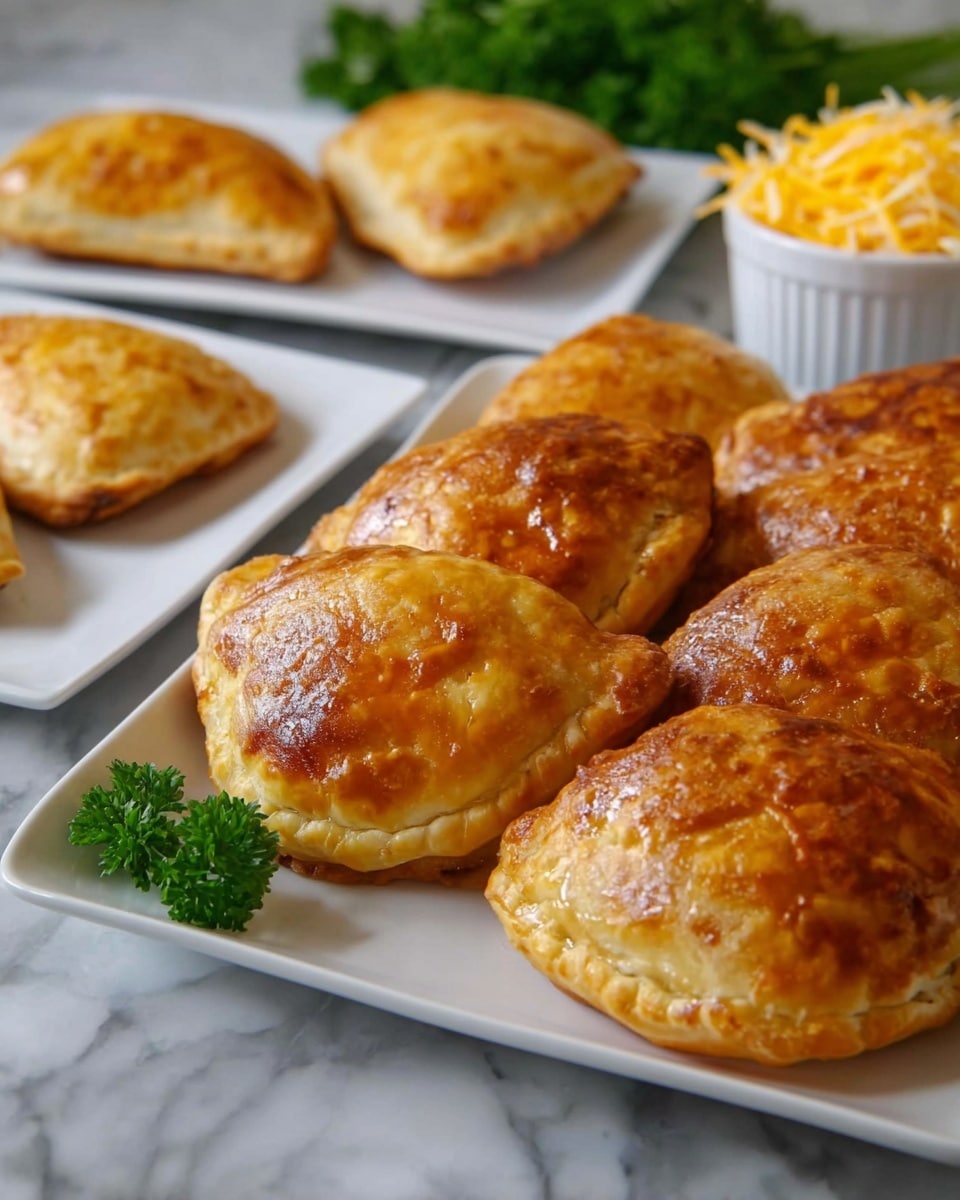 The image shows a black baking tray with eleven golden brown turnovers arranged in three rows. Each turnover has a slightly shiny, crisp crust with small cracks and a few browned spots, showing a flaky texture. The turnovers are curved half-moon shapes and appear puffed up from baking, with edges sealed neatly but unevenly. The tray has some oil spots and baked-on residue, highlighting the fresh baking process. The background surface is a white marbled texture. photo taken with an iphone --ar 4:5 --v 7