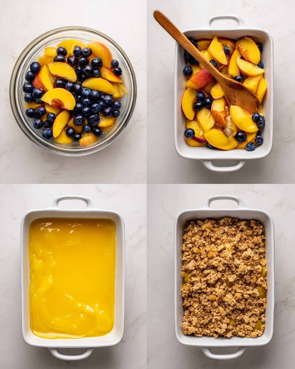 The image shows four steps of making a fruit dessert in a white rectangular baking dish on a white marbled surface. The first step has a single yellow melted butter layer covering the bottom of the dish. The second step is a round clear glass bowl filled with bright yellow peach slices mixed with dark blue blueberries, with a wooden spoon resting inside. In the third step, peach slices and blueberries are spread evenly on top of the melted butter in the baking dish. The fourth step shows the same fruit layer now sprinkled with a light brown crumbly topping. photo taken with an iphone --ar 4:5 --v 7