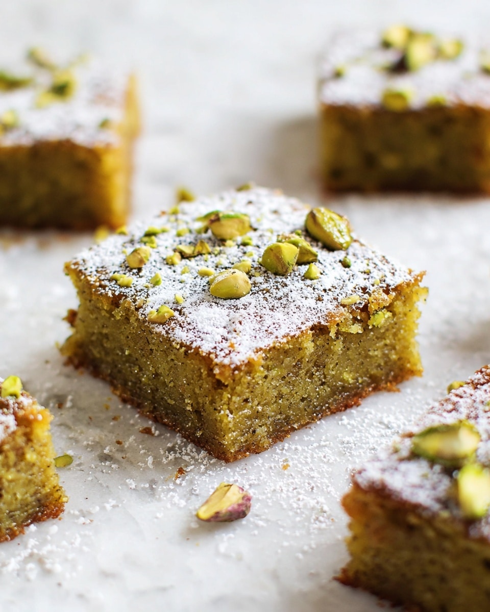 A close-up view of a single square piece of moist, textured dessert with a greenish-brown color, topped with a light dusting of white powdered sugar and small chopped green pistachio pieces scattered on top. Around it, there are several more similar square pieces of the same dessert, all resting on a white marbled textured surface. The dessert shows a slightly dense interior crumb with a darker base layer. photo taken with an iphone --ar 4:5 --v 7