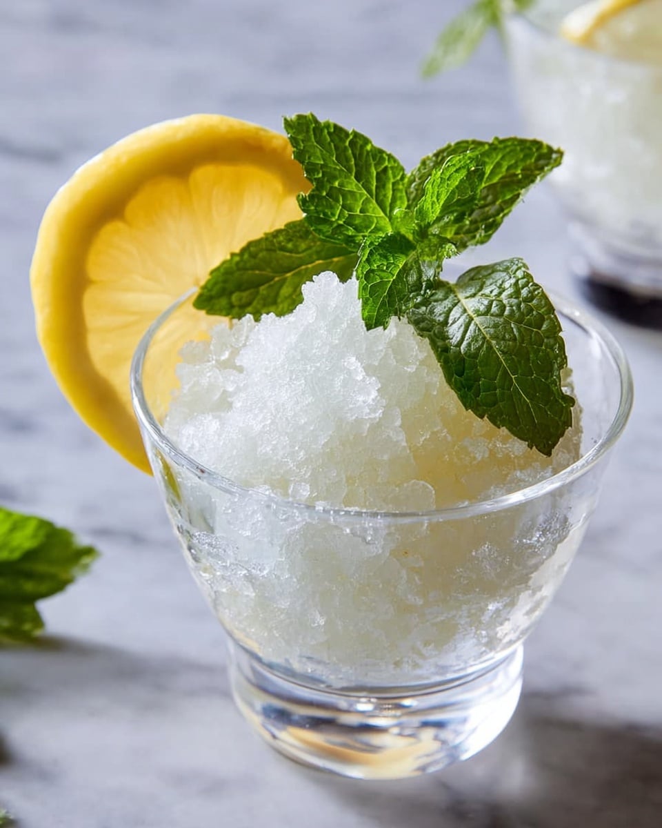 A clear glass cup holds one layer of icy, crushed ice with a rough texture that fills the space inside the cup. Atop the ice, there is a fresh green mint leaf adding a bright pop of color. Behind the ice and mint leaf, a large, thin slice of lemon with a yellow rind and pale yellow pulp leans on the rim of the glass. The glass cup stands on a clear stem, and the whole scene is set on a white marbled surface. Photo taken with an iphone --ar 4:5 --v 7