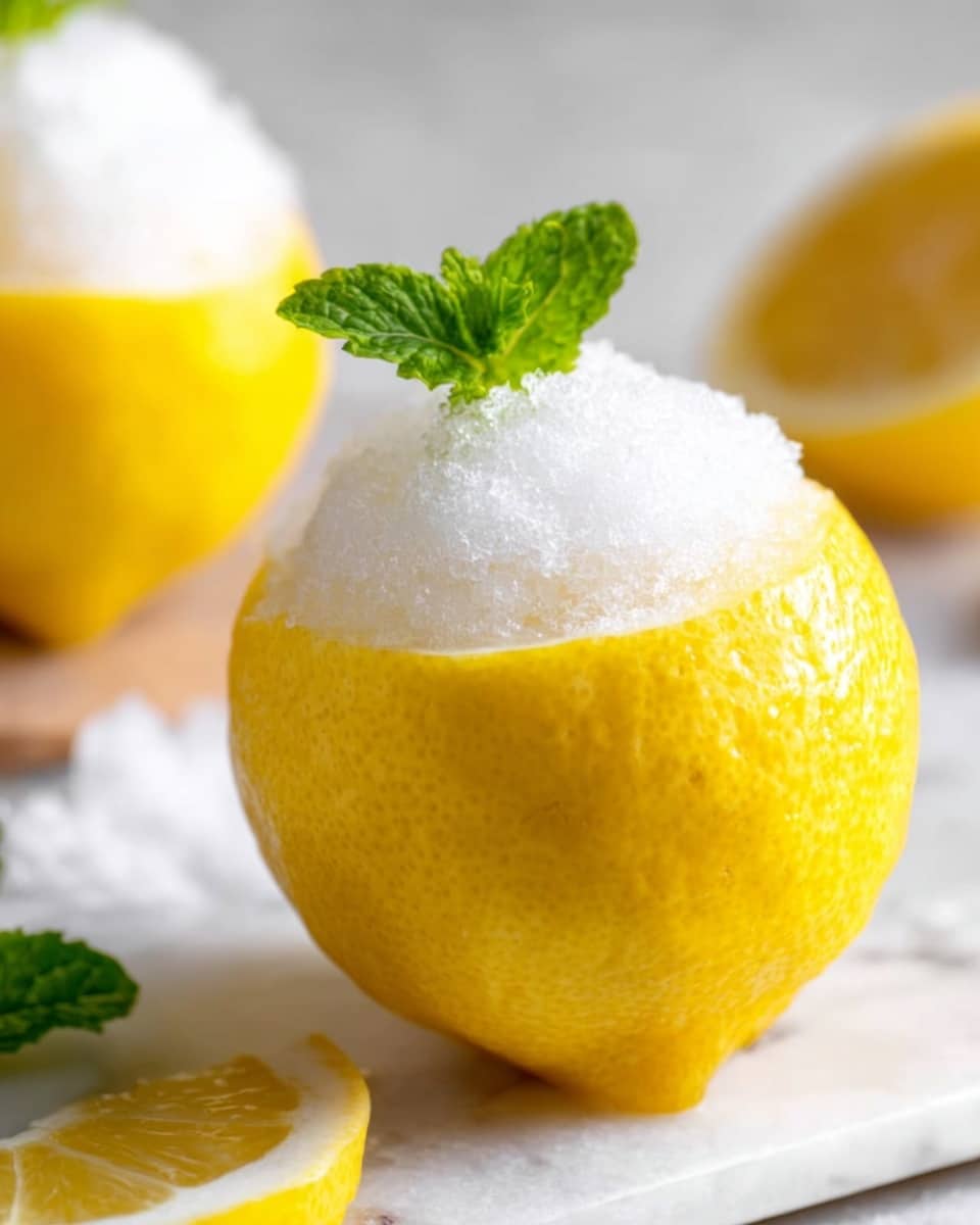A bright yellow lemon with its top layer removed and placed behind it sits on a white marbled surface. The lemon is hollowed out and filled with a fluffy, white icy snow texture that overflows slightly at the top. Next to the lemon is a small green mint leaf adding a fresh touch. In the background, there is another similar lemon with icy snow texture on top, slightly out of focus, creating depth. The scene is well-lit, emphasizing the bright colors and textures. Photo taken with an iphone --ar 4:5 --v 7