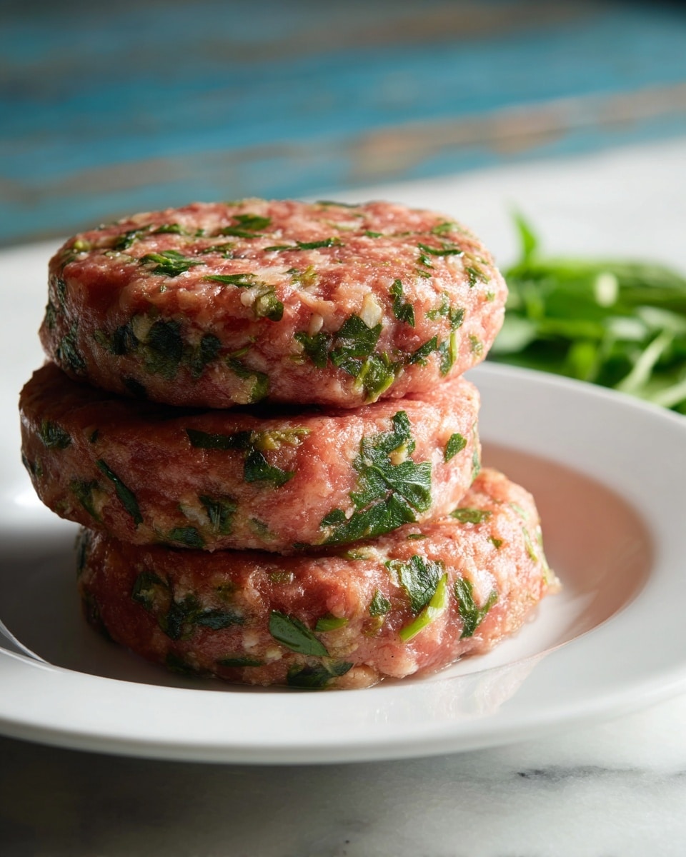Three raw meat patties with green herbs mixed in stand on a white plate, each round patty showing a rough texture with bits of green leaves evenly spread throughout their light red-brown meat. The plate sits on a white marbled surface with some blue wood visible in the background. photo taken with an iphone --ar 4:5 --v 7