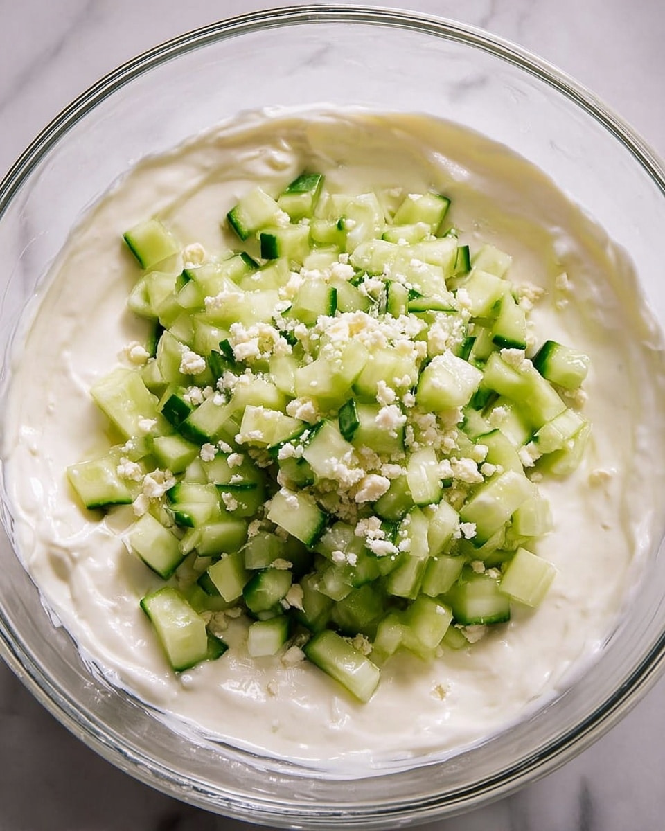 A clear glass bowl resting on a white marbled texture surface holds a creamy white base layer with smooth and thick texture. On top, there is a second layer of small, bright green cucumber cubes mixed with finely chopped white garlic pieces, scattered unevenly across the creamy base. The overall look is fresh and simple, focusing on the contrast between the creamy white and the fresh green with small white bits. photo taken with an iphone --ar 4:5 --v 7
