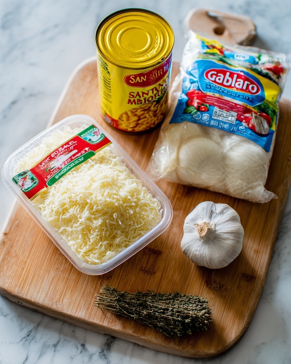 On a light wood cutting board with a rounded edge, there is a clear plastic container of grated Pecorino Romano cheese with a red, green, and white label, placed on the left side. To the right and slightly behind it is a bright yellow can of San Marzano peeled tomatoes with red and green labels. Next to the can, on the right, is a white package of Galbani mozzarella cheese with a colorful red and blue label. In front of these three items, slightly to the right of the center, lies a whole bulb of garlic with its papery white skin. Below the garlic, at the bottom of the board, there is a small bundle of dried green herbs. The background shows a white marbled surface. photo taken with an iphone --ar 4:5 --v 7