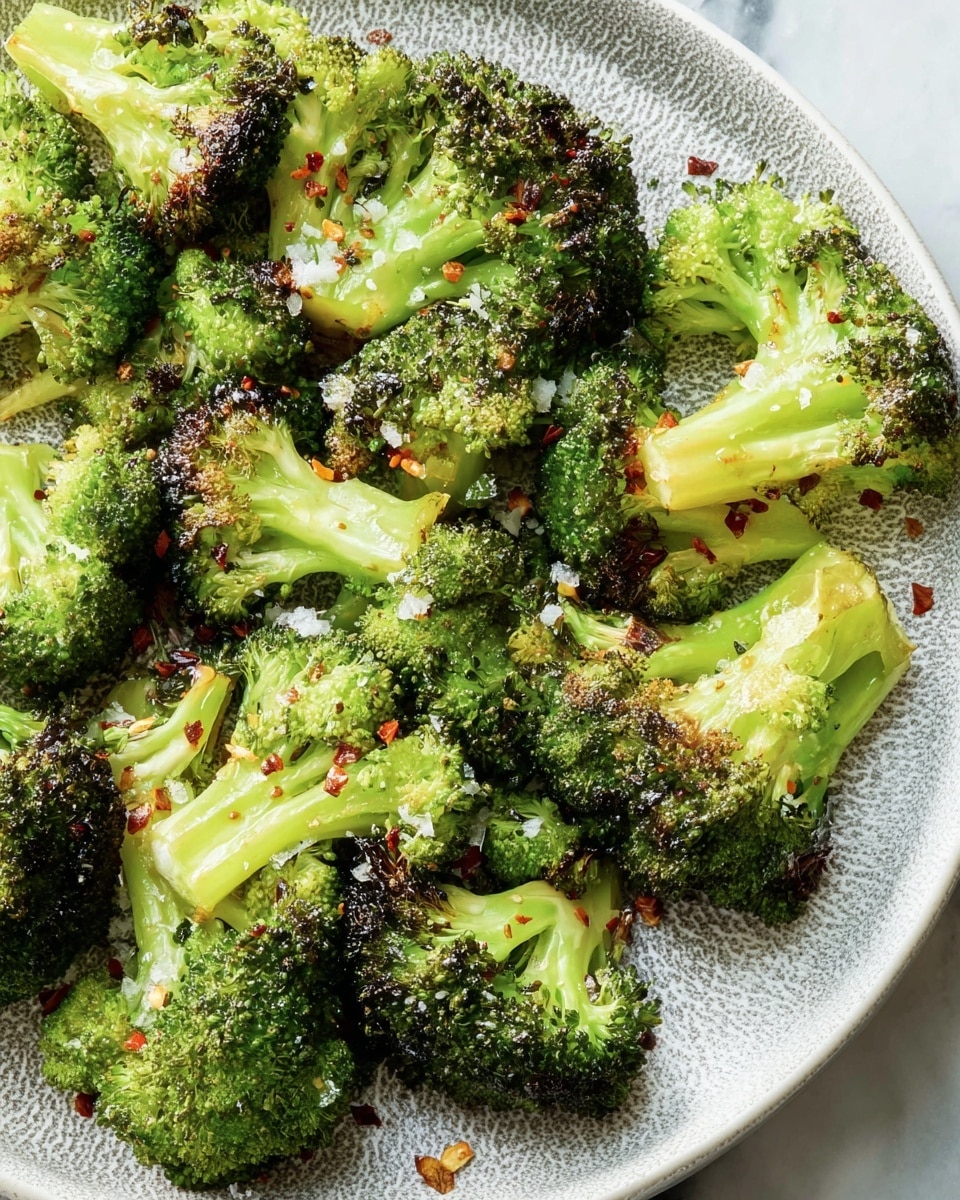 The image shows a single large round white plate filled with roasted broccoli florets. The broccoli pieces are spread out unevenly, each floret having a mix of bright green and charred dark brown edges from roasting. There are small bits of minced garlic sprinkled on top, along with coarse salt and red chili flakes. A shiny silver spoon rests on the left edge of the plate. The plate is placed on a white marbled surface, with part of a beige bowl and a white cloth napkin visible near the edges of the frame. Photo taken with an iphone --ar 4:5 --v 7
