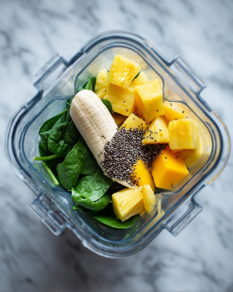 A clear blender container sits on a white marbled surface, filled with several layers of ingredients. At the bottom layer, there are fresh green spinach leaves, followed by a mix of yellow pineapple chunks and orange mango pieces scattered around. On top of the fruit, there is a whole peeled banana placed diagonally, and sprinkled in the center are small black chia seeds. The blender is viewed from above, showing all the colorful layers clearly, photo taken with an iphone --ar 4:5 --v 7