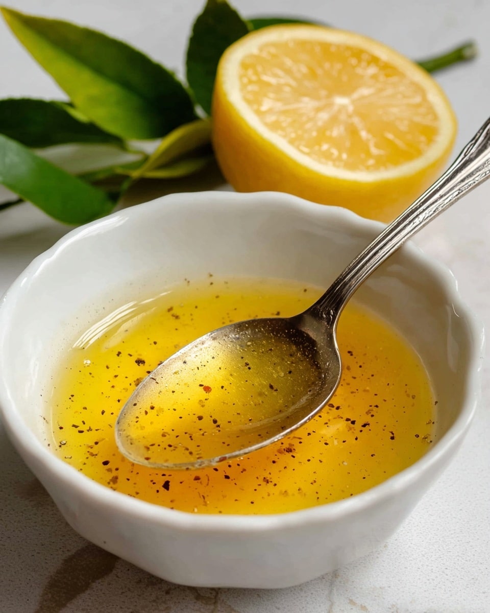 A small white bowl filled with a thin, yellowish-orange liquid sauce that has tiny black specks dispersed throughout. A silver spoon rests inside the bowl, partially submerged in the sauce, showing a glistening surface. In the background, there is a half lemon with a bright yellow rind and light yellow flesh next to green lemon leaves. The entire setting is on a white marbled surface. photo taken with an iphone --ar 4:5 --v 7