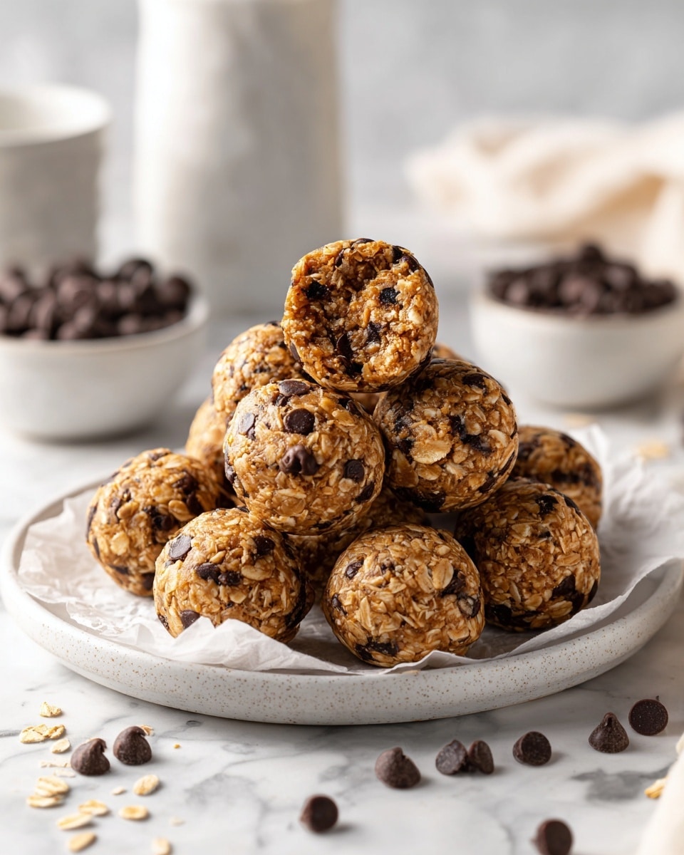 A close-up view of about ten small round energy balls piled on a white plate with parchment paper; the balls have a light brown color with visible oats and dark chocolate chips embedded throughout. One energy ball is placed at the top center, showing its inside with a crumbly texture full of oats and chocolate pieces. Scattered chocolate chips are around the plate. The plate is set on a white marbled surface, with blurred white cups and a white bowl of chocolate chips in the background. Photo taken with an iphone --ar 4:5 --v 7