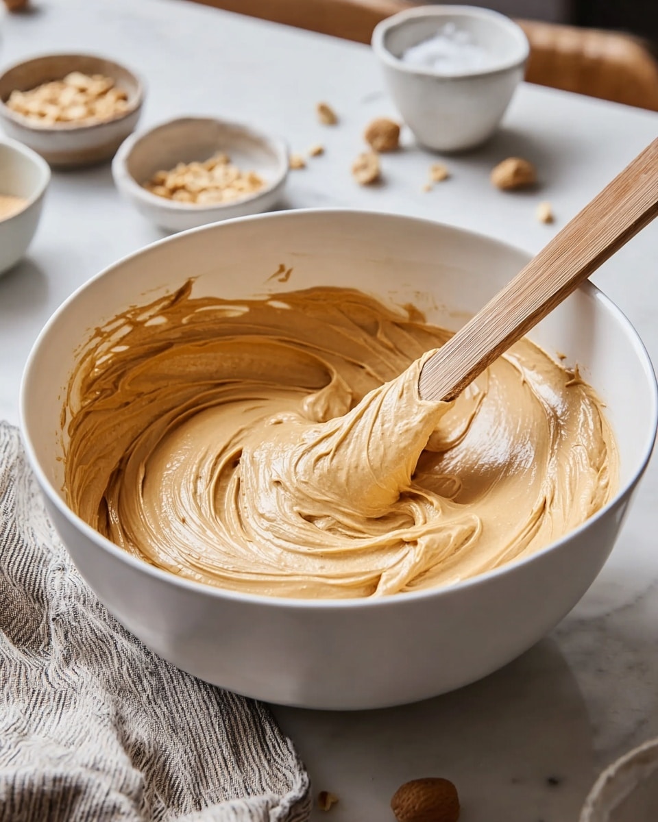 A white bowl filled with thick, smooth light brown batter swirled in soft peaks with a wooden spatula resting inside the bowl. The batter has a creamy texture with gentle ridges and folds showing movement from stirring. The bowl sits on a white marbled surface with a grey and beige striped cloth nearby. Blurred in the background are small bowls with light-colored ingredients and chopped nuts scattered around. Photo taken with an iphone --ar 4:5 --v 7
