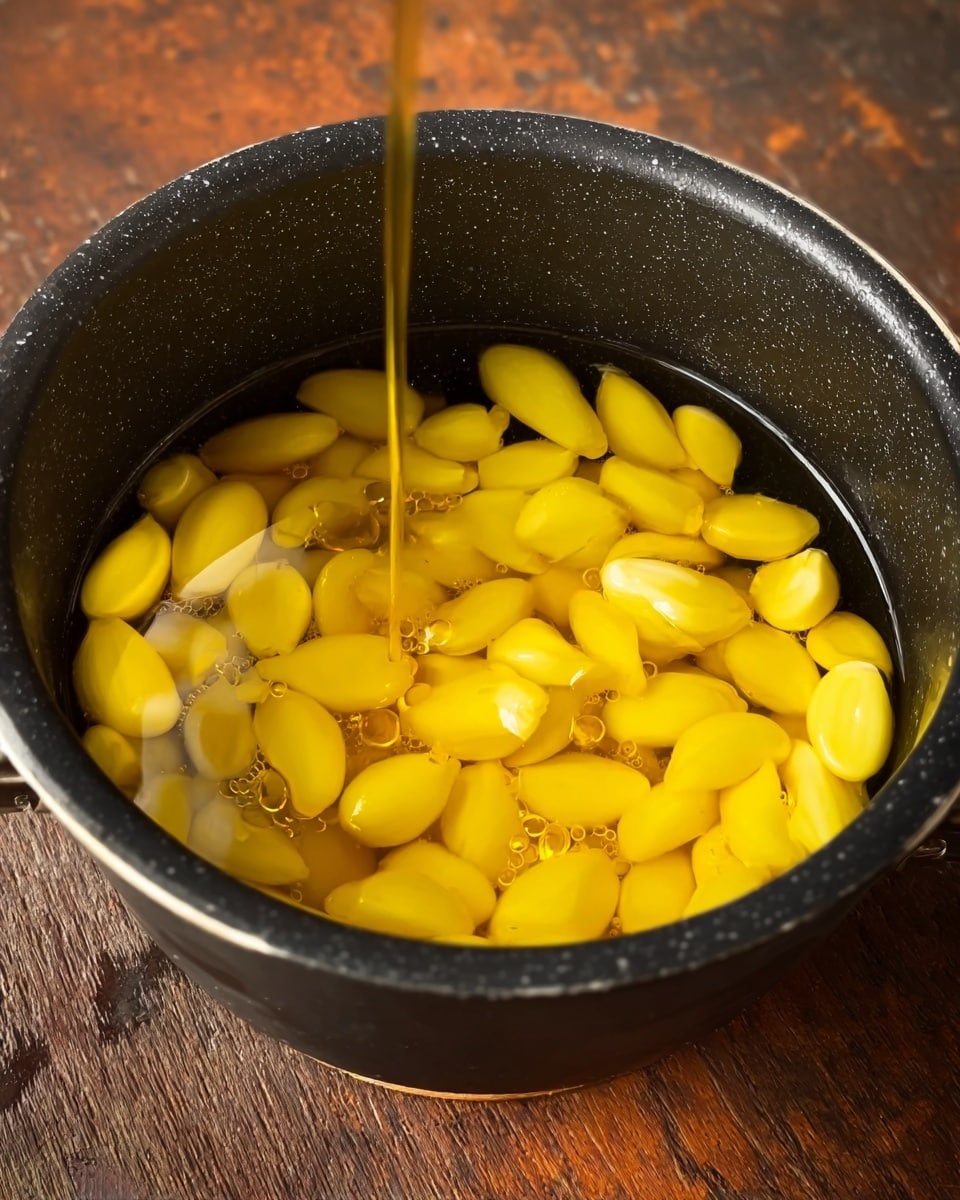 A black speckled pot filled with a large amount of bright yellow garlic cloves submerged in clear liquid, with a thin stream of golden oil pouring into the pot from above. The garlic cloves are plump and smooth, tightly packed together and floating evenly in the liquid. The pot sits on a dark wooden surface, showing a warm brown and orange grain pattern. The inside of the pot is shiny and reflective, capturing small bubbles in the liquid. Photo taken with an iphone --ar 4:5 --v 7