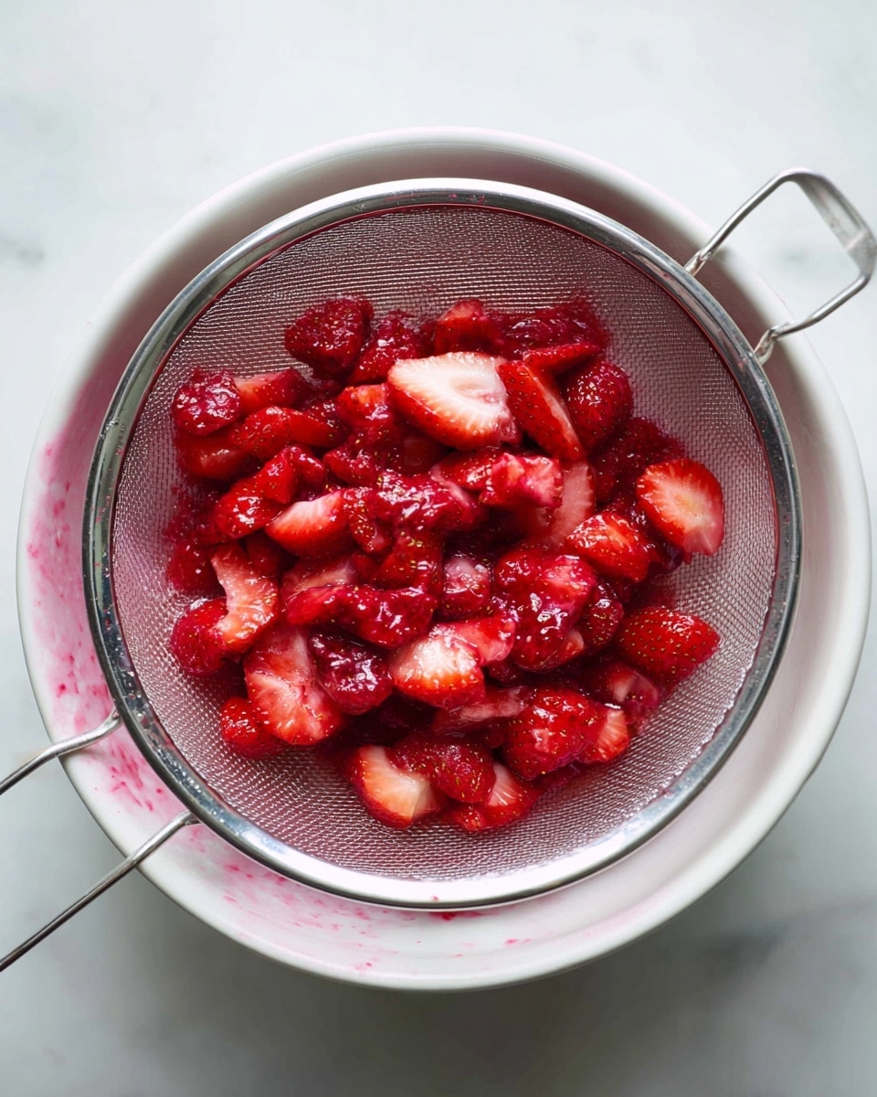 A close-up top view of a round silver mesh strainer filled with crushed red strawberries with some lighter pink and white areas, resting on a white bowl that has some red strawberry juice stains inside. The bowl is placed on a white marbled surface, showing a mix of smooth and chunky textures in the strawberries with shiny wetness and tiny seed details. Photo taken with an iphone --ar 4:5 --v 7