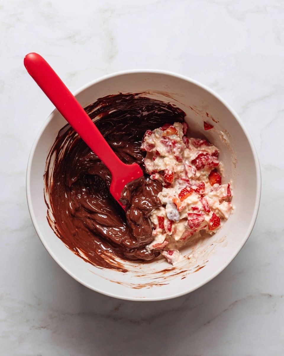 A white bowl contains a mixture with two main layers: the bottom layer is chunky and red with bits of fruit, likely strawberries, while the top layer is thick, smooth, and dark brown, resembling chocolate. A red spatula is partially submerged in the mixture on the left side, resting inside the bowl. The bowl is set on a white marbled surface. photo taken with an iphone --ar 4:5 --v 7