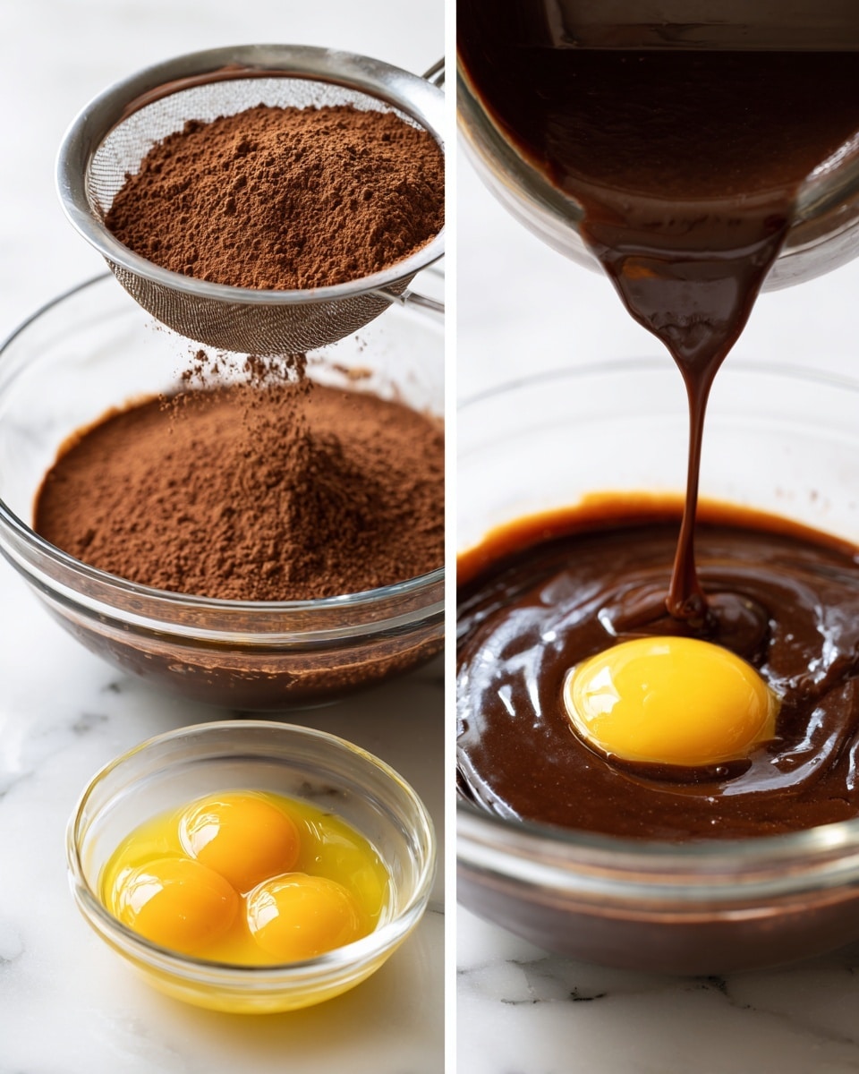 Two images side by side show a baking process on a white marbled surface. The left image shows cocoa powder being sifted through a metal sieve into a clear glass bowl with a dark brown batter inside. The cocoa powder is falling in a fine stream, creating a soft layer on top of the batter. The right image shows a close-up of a clear glass bowl filled with thick, shiny dark chocolate batter, while a smaller clear bowl above pours in three bright yellow egg yolks and whites, forming a smooth, glossy contrast against the dark batter. Photo taken with an iphone --ar 4:5 --v 7
