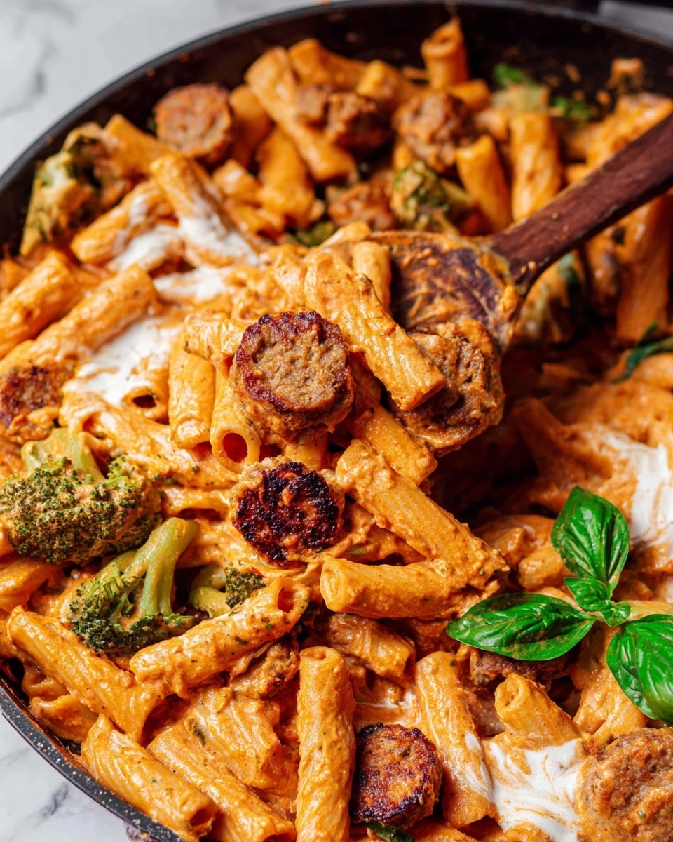 The image shows a close-up of a creamy pasta dish being lifted with a wooden spoon in a dark pan. The dish has three main layers visible: the pasta layer with ridged penne coated in a thick orange-red sauce, scattered browned sausage slices with a crispy texture, and small green broccoli pieces peeking through. On the bottom left, spots of white cream sauce add texture contrast. At the bottom right, fresh green basil leaves add color brightness. The background is a white marbled surface. Photo taken with an iphone --ar 4:5 --v 7