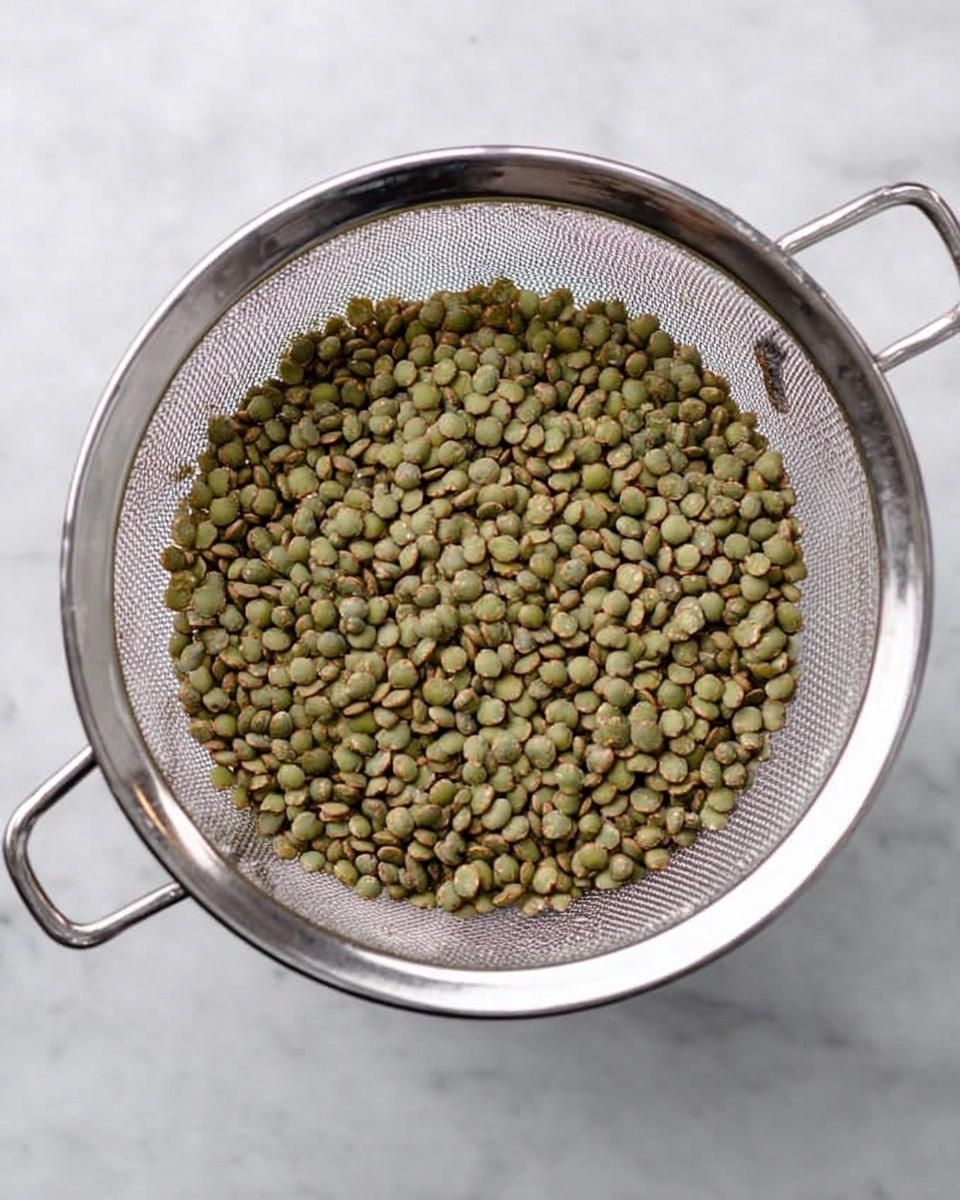 The image shows a close-up of a silver metal sieve filled with green split lentils. The lentils are small, round, and have a matte texture. The sieve has a fine mesh and two handles on the side. The sieve rests on a white marbled surface that looks clean and smooth. The colors mainly include silver and various shades of green from the lentils. photo taken with an iphone --ar 4:5 --v 7