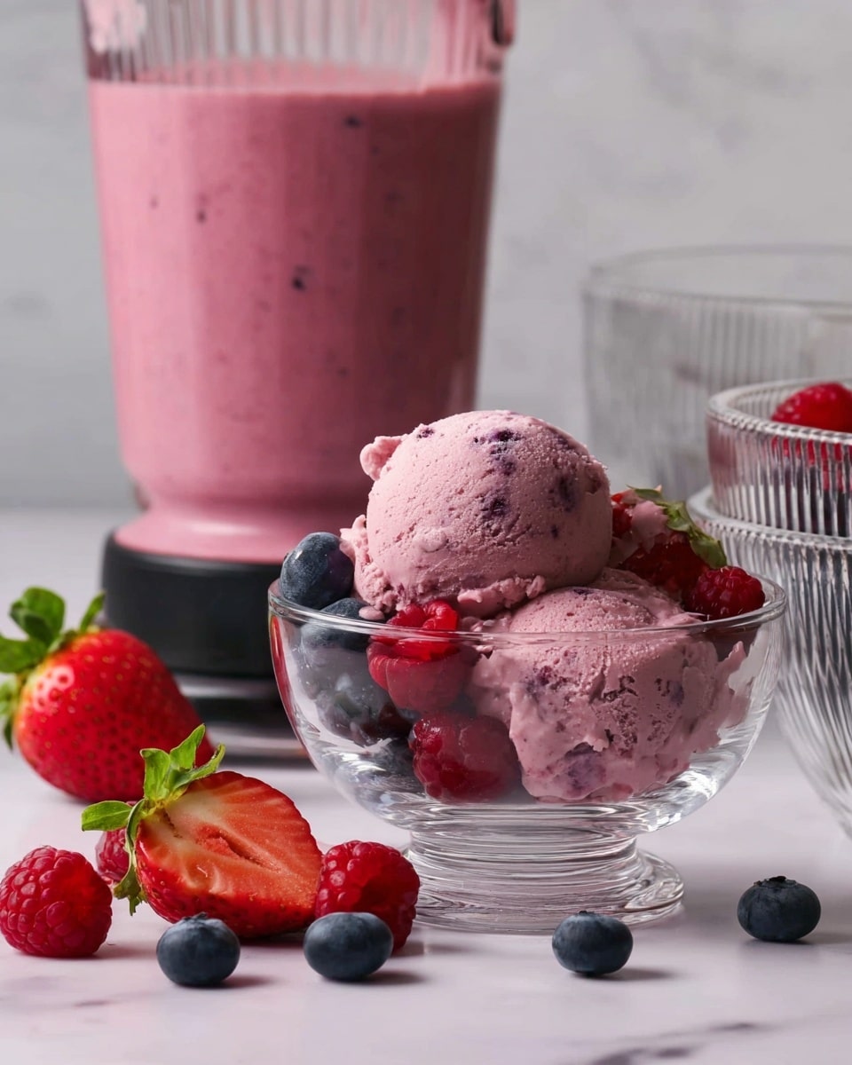 A clear round bowl shows two layers: the bottom is thick and creamy with a smooth texture in light pink color, spread evenly in the bowl. On top, there is a small cluster of fresh berries—two bright red raspberries on the left, a group of five dark blue blueberries beneath, and two halved bright red strawberries with green leaves on the right. The bowl is placed on a surface with a white marbled texture. photo taken with an iphone --ar 4:5 --v 7