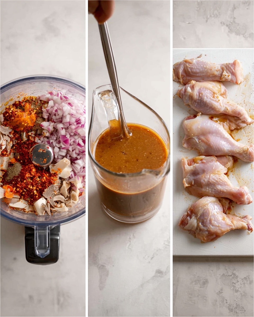 The image shows three separate photos side by side on a white marbled surface. The left photo has a food processor bowl filled with chopped red onions, orange-red sauces, light brown pieces, and various spices mixed in layers. The middle photo shows a clear glass measuring jug with a brown sauce being poured in from above, creating a mixed sauce with smooth texture. The right photo features seven raw chicken pieces spread out on a white cutting board, with a woman's hand using a fork to poke one piece to tenderize, the chicken has a light pink color with some skin visible. Photo taken with an iphone --ar 4:5 --v 7