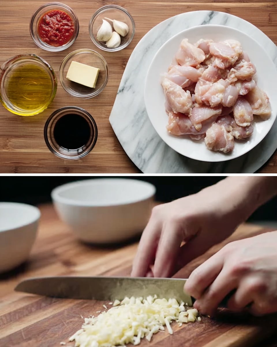 The image is divided into two parts: the top shows raw chicken pieces placed on white plate in the upper left, surrounded by five small glass bowls arranged in a tidy line, containing a dark sauce, a small block of butter, peeled garlic cloves, golden oil, and a red tomato sauce in a measuring cup, all set on a wooden table. The bottom part focuses closely on a woman's hand chopping finely white garlic on a wooden chopping board, with some white bowls blurred slightly in the background on the right. The surface beneath both scenes is a white marbled texture. photo taken with an iphone --ar 4:5 --v 7