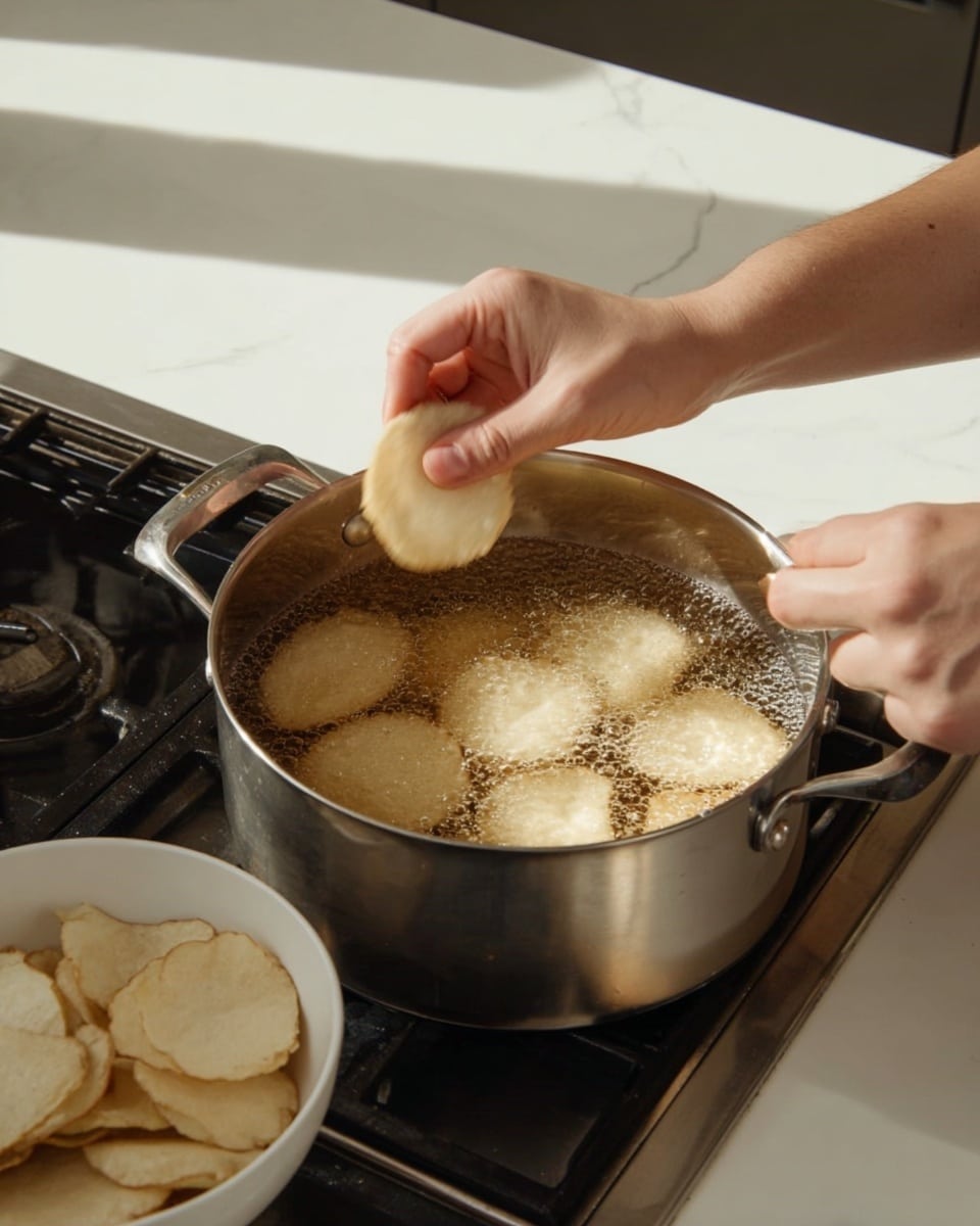 A metal pot filled with bubbling light brown oil sits on a stovetop, with many round slices of light beige food frying inside it. A pair of arms are shown placing more slices gently into the pot, holding the pieces stacked in one woman's hand while the other is adding a slice to the oil. Next to the stove, a white bowl filled with similar light beige round slices rests on a white marbled surface. The scene is lit by soft kitchen lighting, showing the cooking process close up with clear focus on the pot and arms. Photo taken with an iphone --ar 4:5 --v 7