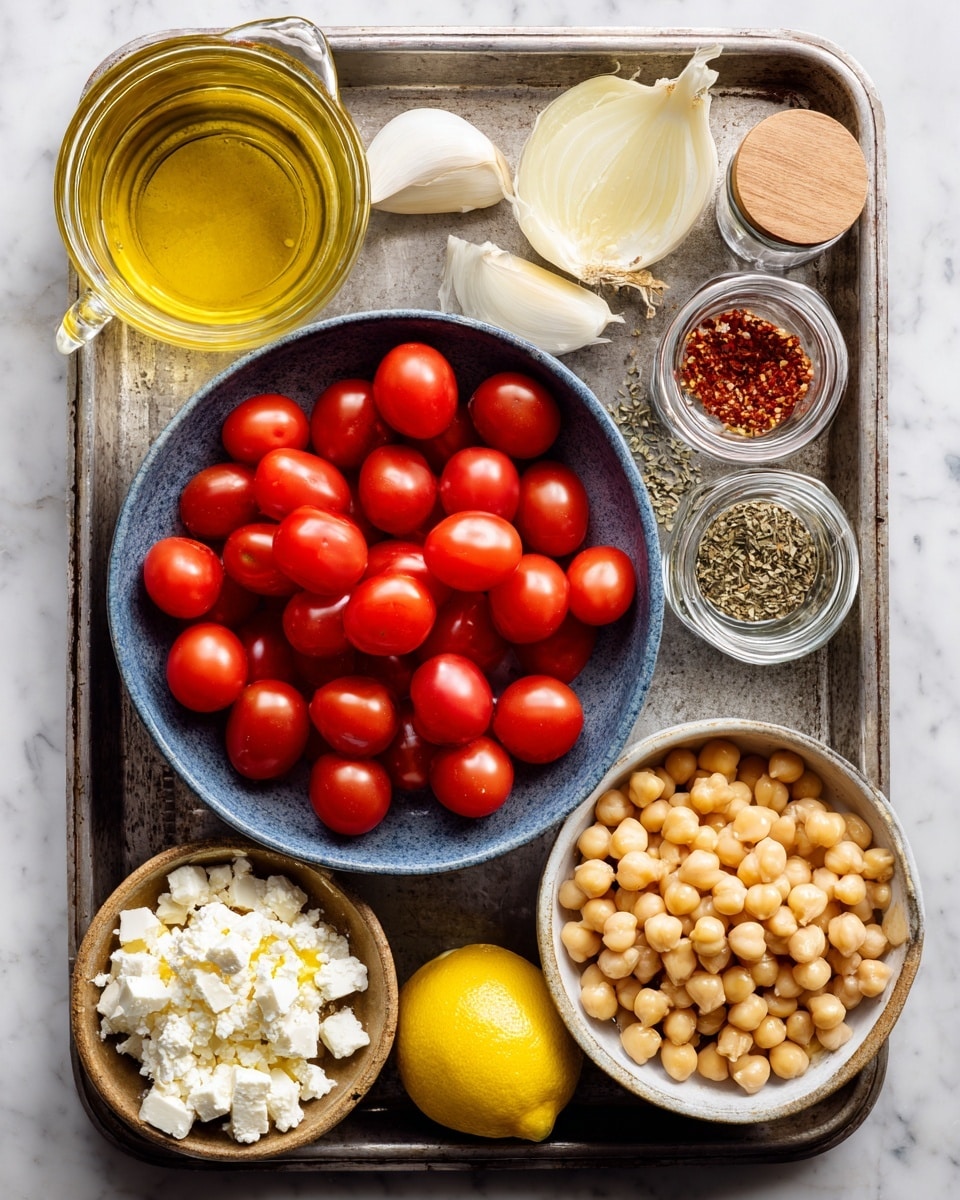 A metal tray holds an arrangement of ingredients on a white marbled surface. At the top left is a small clear glass cup with yellow olive oil, next to three whole cloves of garlic. A blue bowl filled with bright red cherry tomatoes sits centered on the tray. On the tray's right side, two small clear jars with wooden lids hold dried oregano and red pepper flakes. Below the tomatoes is another blue bowl full of light tan canned chickpeas. To the bottom left is a white bowl filled with diced white onion, beside a clear glass cup of golden broth. In the lower left corner, a small brown bowl holds chunks of white feta cheese on top of a small plate. A whole yellow lemon rests near the bottom center of the tray. Photo taken with an iphone --ar 4:5 --v 7