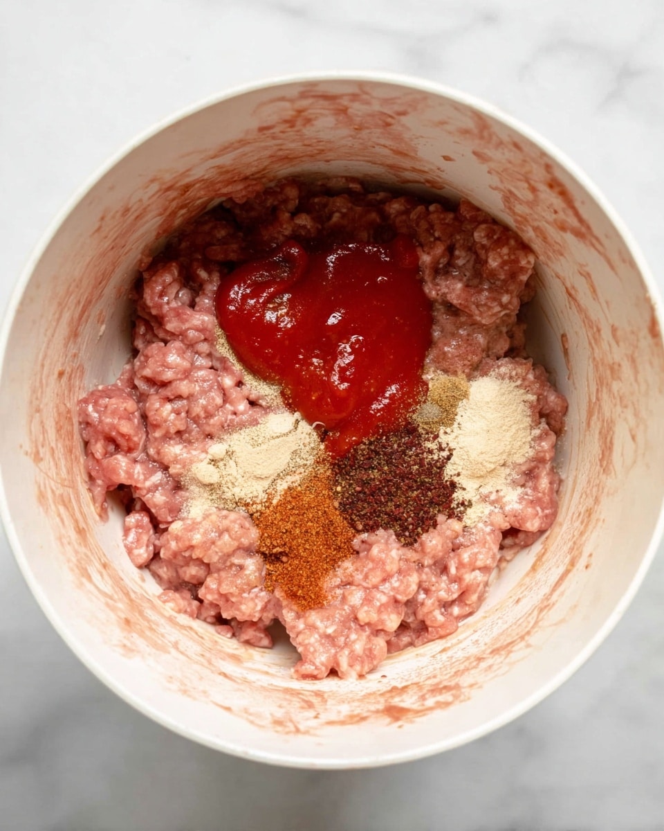 A close-up of a white pot showing a mix of ground meat and several seasonings layered inside. The bottom layer is raw ground meat with a soft, pinkish texture filling most of the pot. On top of it, there is a bright red sauce placed roughly in a blob near the center. To the right of this sauce, there are three separate piles of powdered spices, including a light beige, a dark brownish-red, and a medium brown. The surrounding meat and spices have some liquid pooling with a slight shine, indicating raw juices. The inside walls of the pot are white with some splashes of sauce and meat juices. The whole image is set against a white marbled texture. Photo taken with an iphone --ar 4:5 --v 7