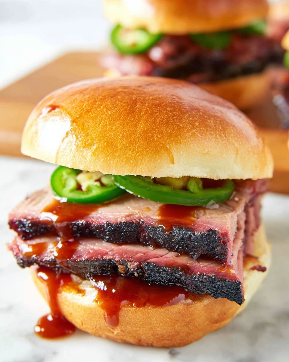 The image shows a close view of a sandwich with three main layers inside a soft, light golden brown bun. The bottom layer is slices of smoky meat with a dark crust and visible pink edges, covered in a shiny red-brown sauce dripping slightly. Above the meat are thin green slices of jalapeño peppers, and on top is the soft glossy top bun. In the background, another similar sandwich is slightly out of focus, placed on a white marbled surface. Photo taken with an iphone --ar 4:5 --v 7