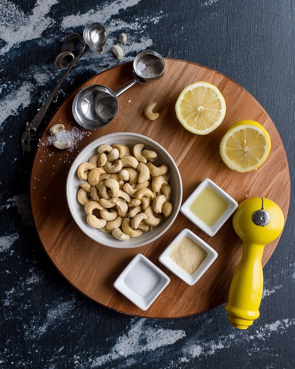 A round wooden board sits on a dark surface with a white marbled texture, holding a small white bowl filled with light tan cashew nuts in the center. To the right of the bowl are two lemon halves with bright yellow peel and pale yellow inside. Next to the lemon halves is a yellow handheld lemon squeezer. Below the lemon halves and to the right of the bowl are three small white square dishes containing light-colored powders and liquid. On the left side of the bowl, a set of silver metal measuring spoons with a shiny finish lays diagonally, partially covering a small pile of white salt. Photo taken with an iphone --ar 4:5 --v 7