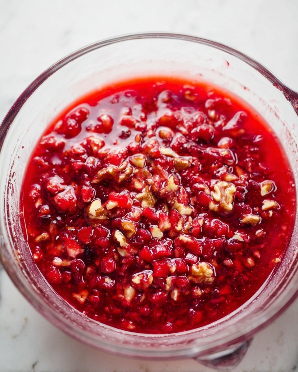 The image shows a transparent glass bowl filled with a chunky, red mixture that has a watery consistency. The mixture contains small pieces of a bright red fruit, possibly cranberries, along with scattered pieces of light brown nuts, likely walnuts. The red liquid appears glossy and slightly thick, surrounding the fruit and nuts evenly. The bowl is set against a white marbled texture background, shining with light reflections on its edges. photo taken with an iphone --ar 4:5 --v 7