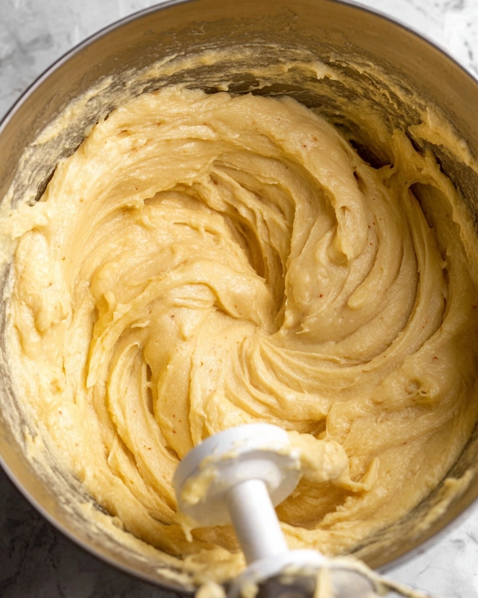 A close-up view inside a metal bowl filled with thick, creamy dough, smooth in texture with a pale yellow color and small, visible specks. The dough swirls around the center, where a white mixing attachment is partially covered in dough. The metal bowl shows some dough clinging to the sides with a shiny texture. The background has been changed to a white marbled texture. photo taken with an iphone --ar 4:5 --v 7