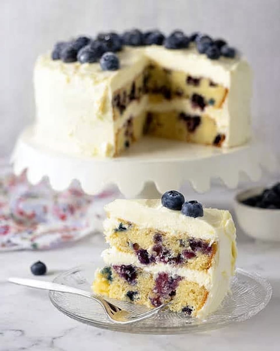 The image shows a two-layer blueberry cake with creamy white frosting between the layers and on top. The cake layers are light yellow with many visible blueberries inside. The top layer has more blueberries scattered on the frosting. A single slice of cake is placed on a clear glass plate in front of the rest of the cake, which is on a white scalloped cake stand. The background and surface are white marbled texture. The slice also has two blueberries on top and a white fork lies beside it. Photo taken with an iphone --ar 4:5 --v 7