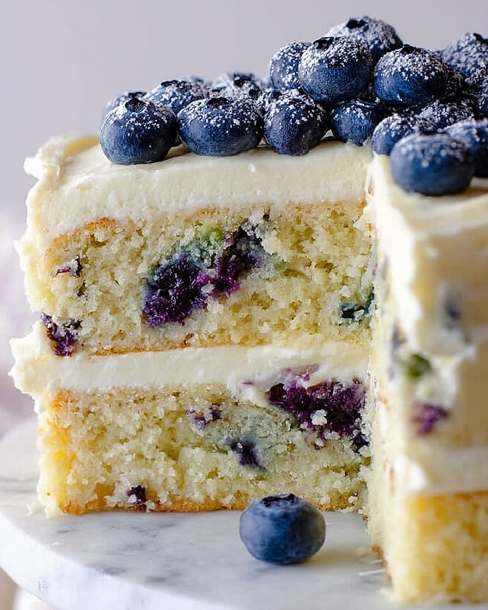 The image shows a close-up of a two-layer blueberry cake on a white marbled surface. Each cake layer is light yellow with pieces of blueberries inside, making the texture look soft and moist. Between the layers and on top is a thick, smooth layer of white cream frosting. The top layer of frosting is decorated with a bunch of fresh blueberries, some with a light dusting of sugar, arranged in a small pile near the center. One loose blueberry lies on the white marbled surface next to the cake. The photo is bright, focused on the cake's detailed texture. photo taken with an iphone --ar 4:5 --v 7