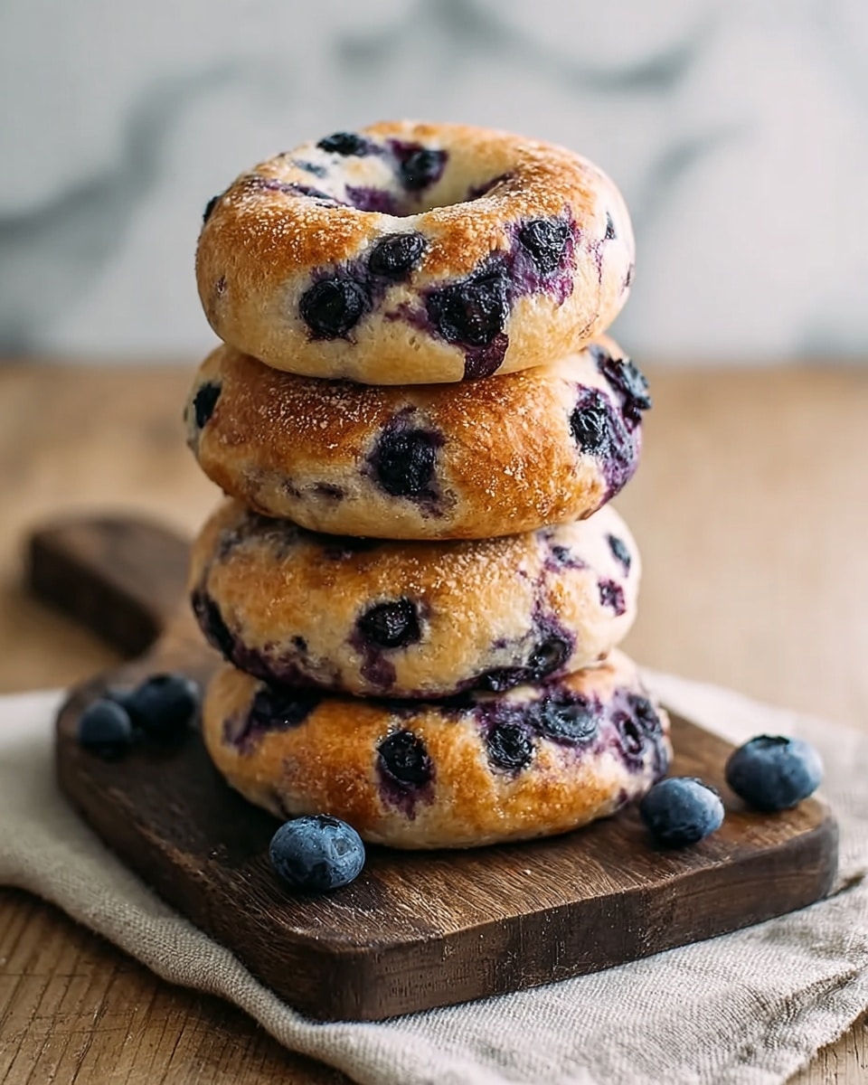 A stack of four round blueberry bagels is shown, each bagel golden brown with dark purple blueberries baked inside, creating small bursts of color throughout. The bagels are stacked vertically on a dark wooden cutting board with a few loose fresh blueberries scattered around. The cutting board rests on a beige cloth, all set against a white marbled surface. The texture of the bagels looks slightly rough and firm with a soft, plump appearance where the blueberries are visible. Photo taken with an iphone --ar 4:5 --v 7
