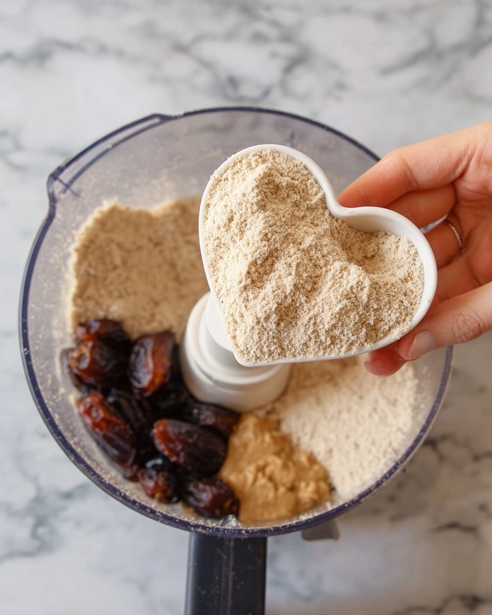 A woman's hand is holding a white, heart-shaped bowl filled with a light beige powder that looks crumbly and slightly lumpy, positioned above a clear food processor bowl containing a mix of different ingredients. Inside the food processor, there is a layer of light beige powder spread unevenly, dark brown dates clustered on one side, and a small portion of a creamy, pale brown paste near the front. The whole setup is on a surface with a white marbled texture. photo taken with an iphone --ar 4:5 --v 7