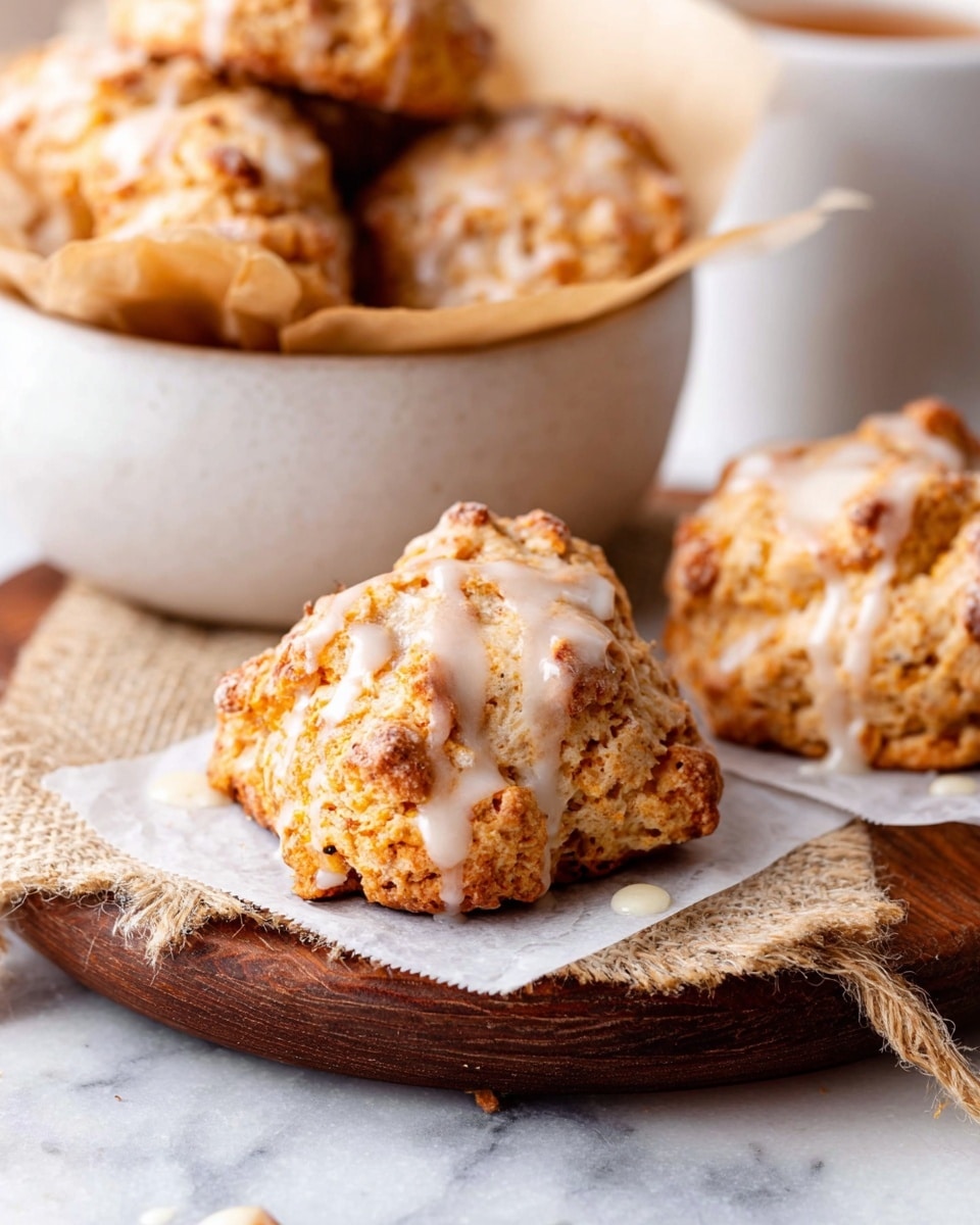 The image shows rustic scones with a rough, bumpy texture and a golden brown color on a sheet of white parchment paper, placed on a wooden board with a burlap fabric underneath. The scones are topped with a light, shiny white glaze that drips slightly down the sides and onto the paper. In the background, there is a white bowl filled with more scones, lined with brown parchment paper. The whole setup sits on a white marbled surface. photo taken with an iphone --ar 4:5 --v 7