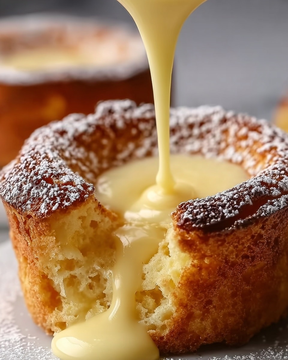A close-up view of a round baked dessert with a golden brown crust dusted lightly with powdered sugar on top, with the inside showing a soft, light yellow, fluffy texture. A smooth, creamy pale yellow sauce is being poured into the hollow center, filling it slowly. The dessert is on a white marbled surface in the background. photo taken with an iphone --ar 4:5 --v 7
