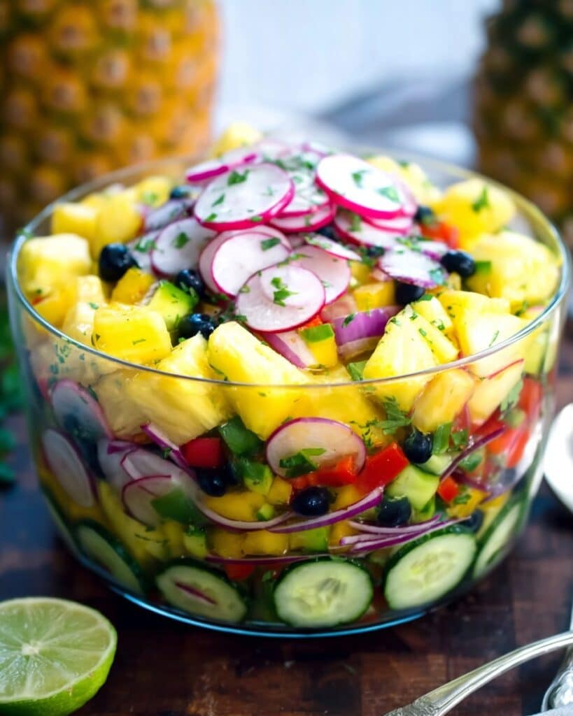 Pineapple Cucumber Salad with Blueberries, Radishes, and Chili Lime Dressing Recipe