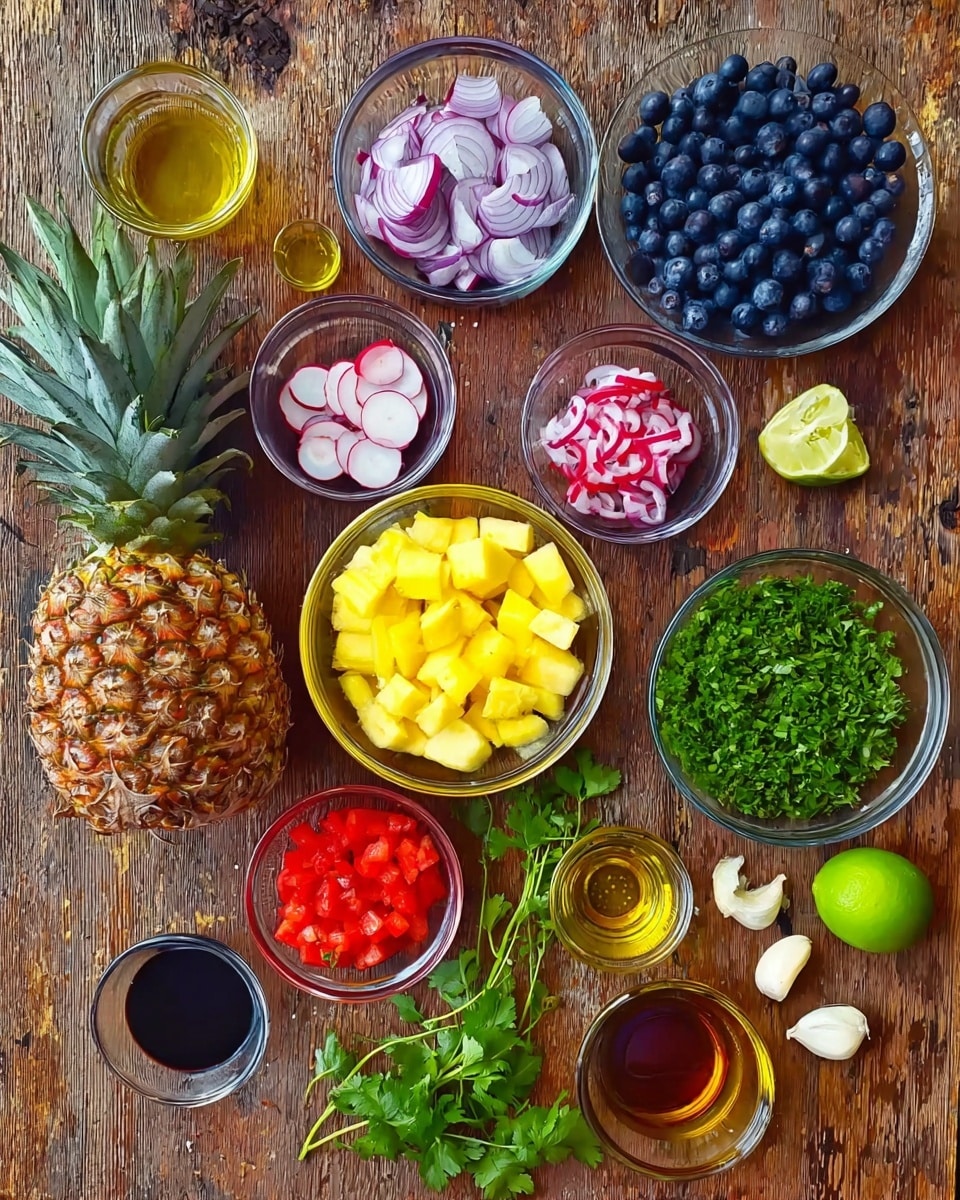 A rustic wooden table is laid out with fresh ingredients for a colorful dish, centered by a whole pineapple with textured brown skin and green leaves. Below it, a small round glass bowl holds bright yellow pineapple chunks. To the right, a round glass bowl filled with deep blue blueberries sits next to a small bowl of vibrant red snap sauce. Several other clear glass bowls contain thinly sliced red onions with white interiors and purple edges, bright green chopped parsley, and small round slices of radish with white centers and red edges. Below them, a bowl of diced red tomatoes is placed beside small containers of golden olive oil, dark balsamic vinegar, and pale lime juice, with two whole light green limes and a few garlic cloves scattered nearby. Small slices of radish and sprigs of parsley are also scattered on the table across a white marbled textured background. photo taken with an iphone --ar 4:5 --v 7