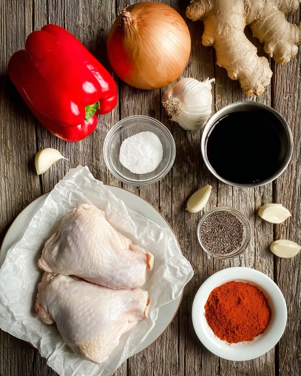 A flat lay of raw cooking ingredients on a wooden surface featuring two pale raw chicken pieces with skin on white parchment paper placed on a white plate in the lower left, a bright red bell pepper positioned above the chicken next to a light brown whole onion. Nearby are several peeled garlic cloves scattered around. In the center, a small clear glass bowl holds a white powder, while to the right a small silver bowl contains coarse black pepper. At the bottom right, a white plate displays a pile of orange-red spice. A small stainless steel cup filled with a dark liquid sits in the top right corner. A large piece of fresh ginger root rests near the top edge. Photo taken with an iphone --ar 4:5 --v 7