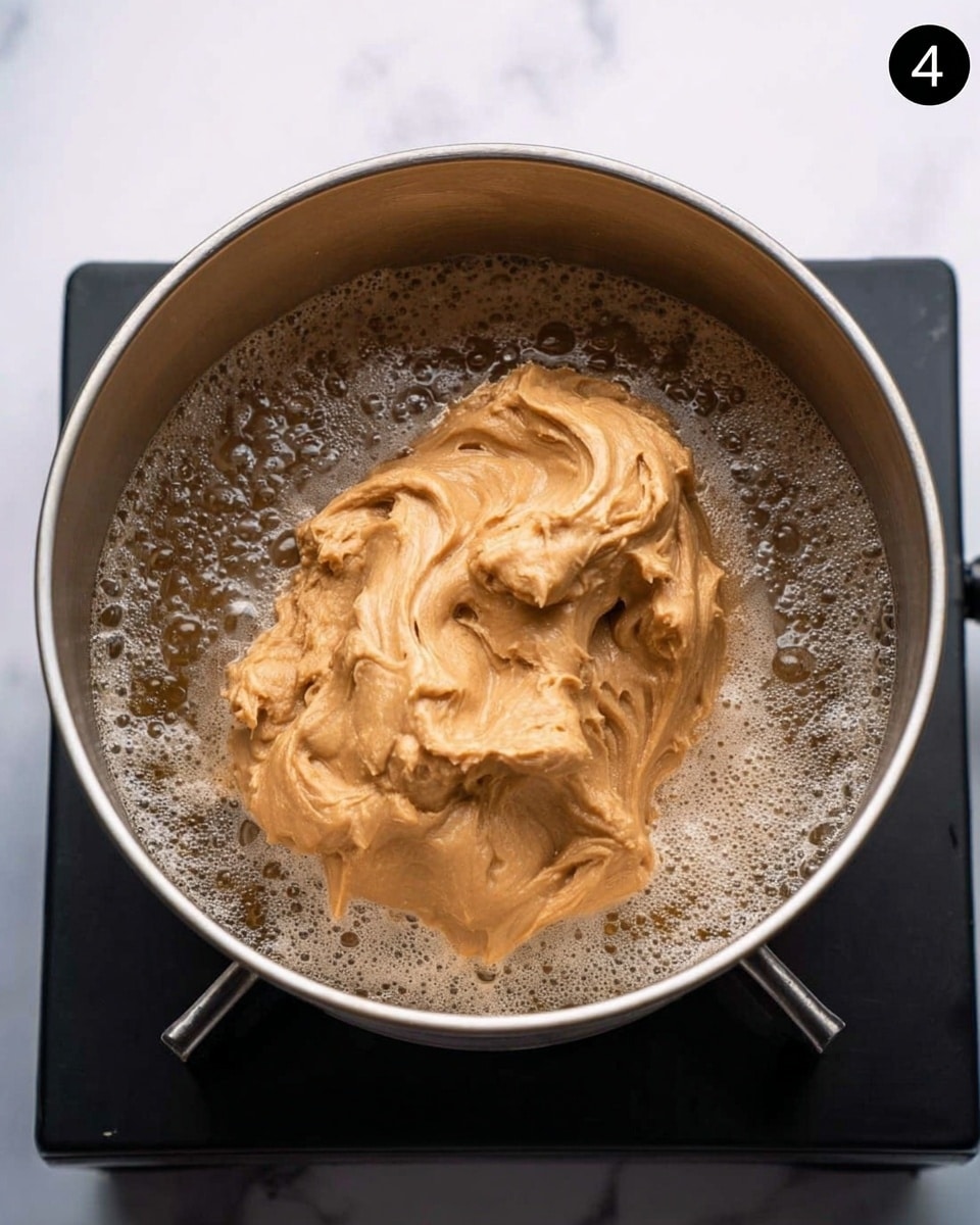 The image shows a dark metal pot on a stove with water boiling inside. In the water, there is a thick, creamy, light brown paste with a smooth and slightly uneven texture. The paste is piled up in the center of the pot, with soft peaks and swirls visible, looking warm and melting into the bubbling water around it. The stove surface and background have been changed to a white marbled texture. photo taken with an iphone --ar 4:5 --v 7