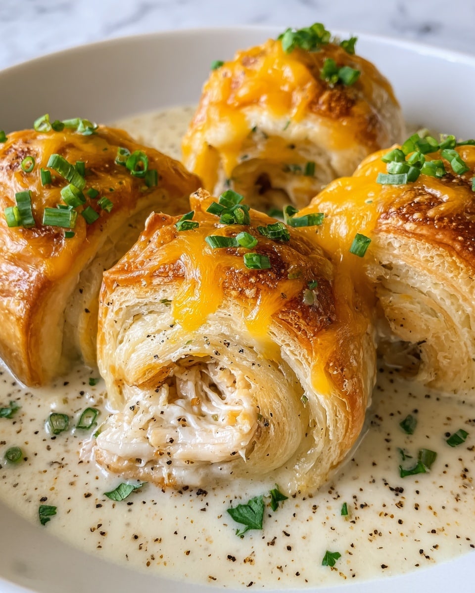 The image shows four golden-brown puff pastry rolls with visible layers, each topped with melted orange-yellow cheese and garnished with small green onion rings and parsley pieces. Inside the rolls, shredded white chicken is softly packed, bathed in a creamy white sauce speckled with black pepper. The rolls sit in a shallow pool of the sauce on a white plate, set on a white marbled surface. The texture of the pastry looks flaky and crisp, contrasting with the smooth and creamy sauce around. photo taken with an iphone --ar 4:5 --v 7