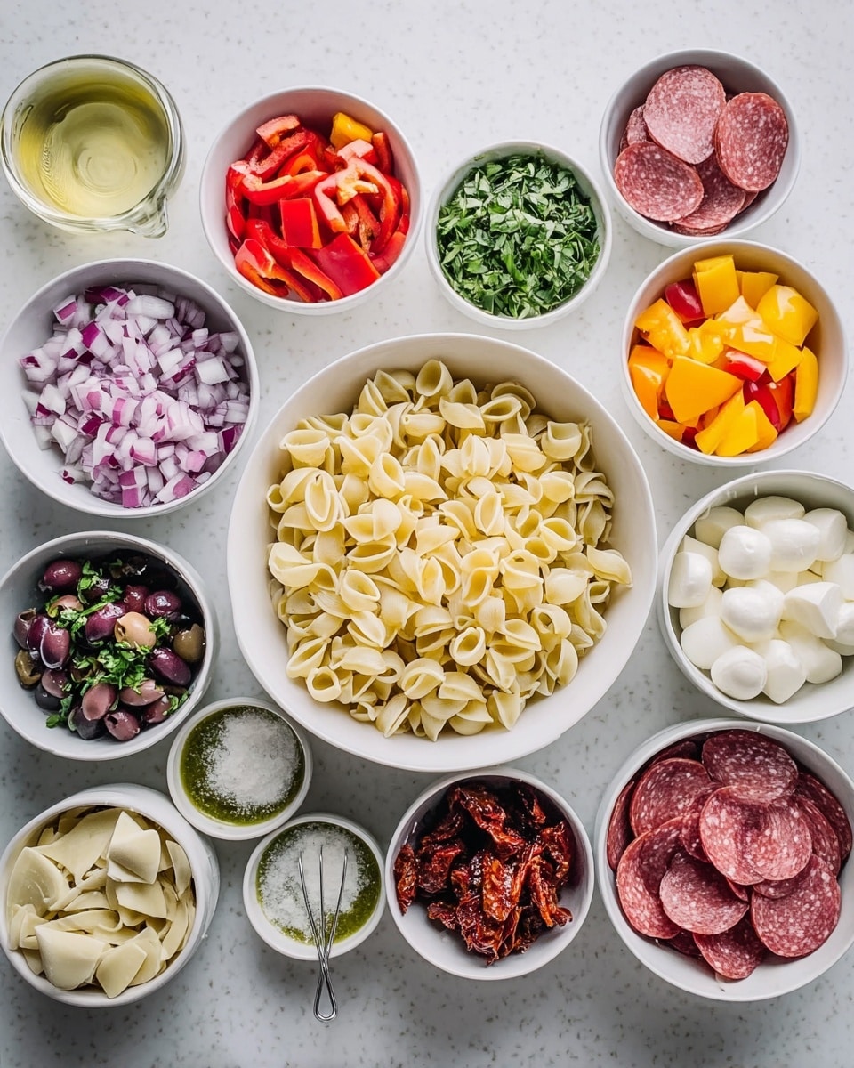 The image shows an overhead view of many small white bowls arranged on a white marbled surface, each bowl holding different ingredients. In the center is a large white bowl filled with cooked curly pasta in pale yellow. Surrounding it are smaller bowls with diced salami in red, sliced red and yellow mini bell peppers, chopped purple onion, chopped green basil, chopped dark purple olives, chopped green parsley, marinated artichoke hearts in light green, sun-dried tomatoes in dark red, sliced white mozzarella rounds, a light green and herb dressing with a small whisk inside, a small white bowl with olive oil, a small white bowl with grated cheese, and a tiny dish with white salt. The ingredients all have clear, distinct colors and textures standing out against the neutral background. Photo taken with an iphone --ar 4:5 --v 7