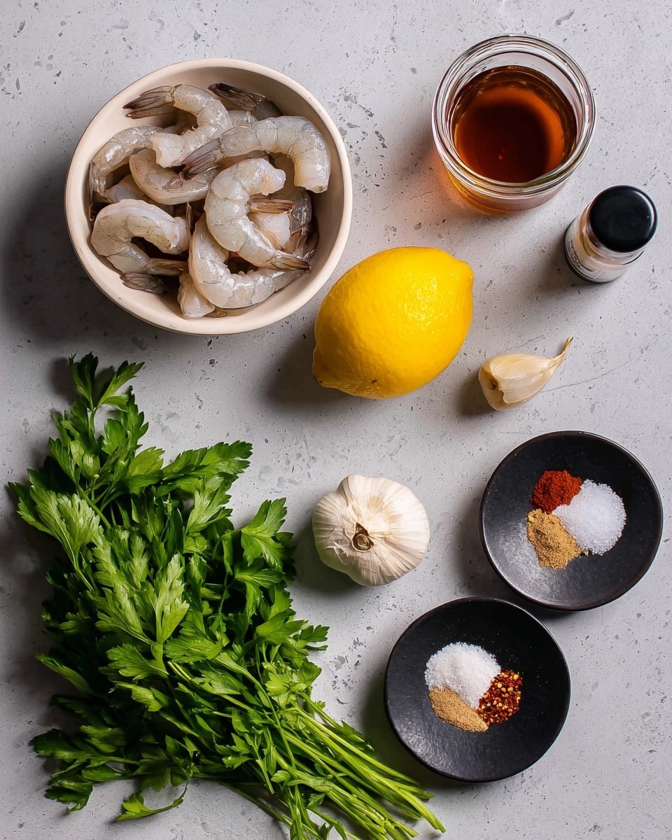 The image shows raw shrimp in a white bowl at the bottom left, with a whole lemon above it in the middle, a bunch of fresh green parsley placed to the right side, a whole garlic bulb below the lemon, a small black bowl with four spices (white salt, red chili flakes, brown paprika, and white baking soda) at the top right, a small glass jar filled with a brown liquid at the top left, and a bottle with a black cap containing a darker liquid near the garlic, all arranged on a light gray surface with a white marbled texture photo taken with an iphone --ar 4:5 --v 7
