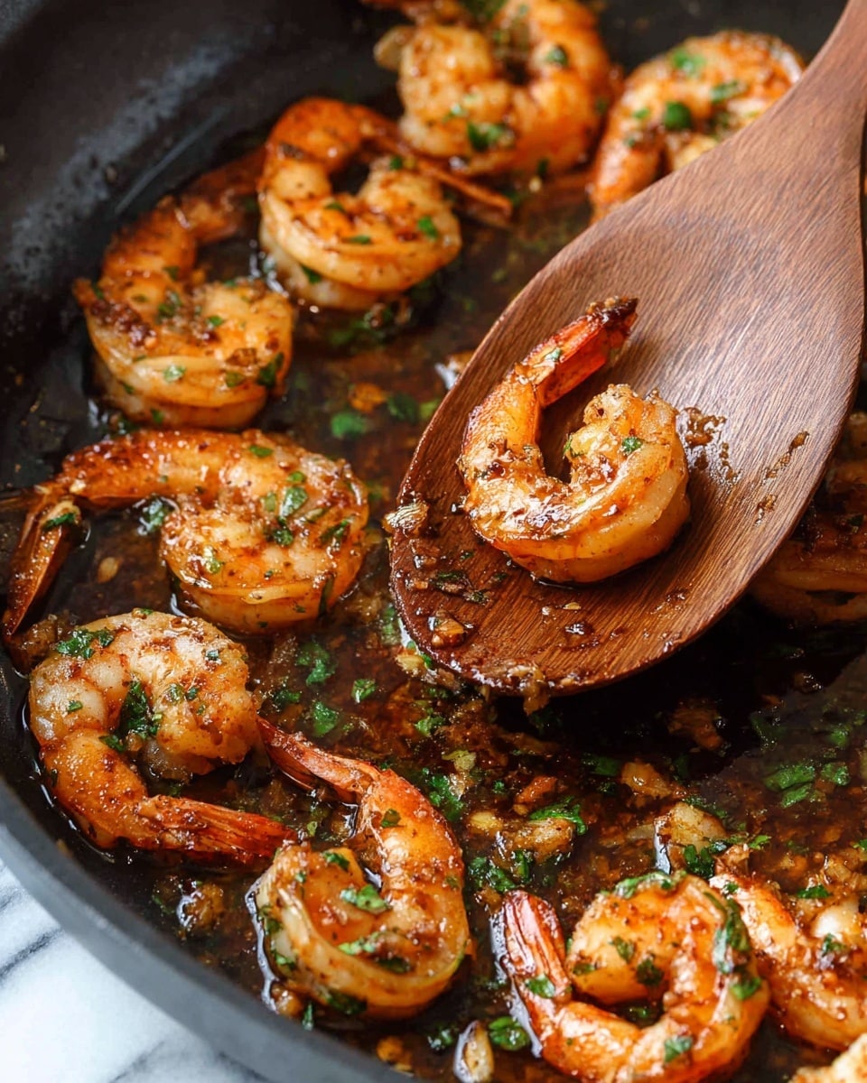 A close-up view of a black pan filled with cooked shrimp that have a shiny brown and orange color from spices and oil. The shrimp are mixed with small green herb pieces and tiny bits of garlic or seasoning, all sitting in a thin, glossy sauce. A wooden spoon is in the pan, holding one shrimp with the tail still on, showing some of the smooth sauce on it. The pan has a slightly textured look where the sauce pools, and all items show a warm, cooked finish. The background is a white marbled texture photo taken with an iphone --ar 4:5 --v 7