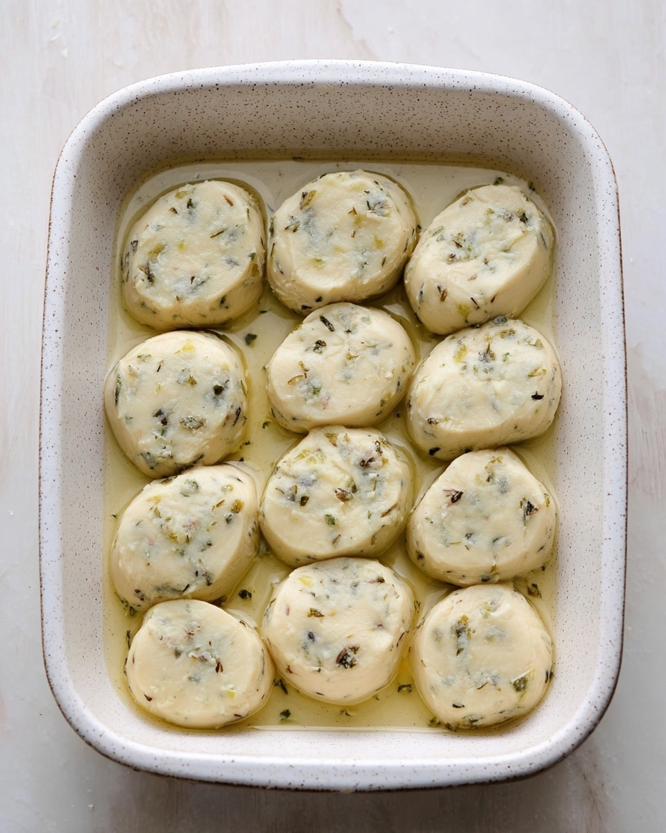 The image shows a white speckled baking dish holding 16 round, pale dough pieces arranged in four rows. Each piece has visible small green and dark specks throughout, indicating herbs or vegetables mixed into the dough. The dough looks soft and slightly shiny, likely from some oil or water on the surface, and the pieces sit in a thin layer of clear liquid at the bottom of the dish. The dish rests on a white marbled surface. photo taken with an iphone --ar 4:5 --v 7