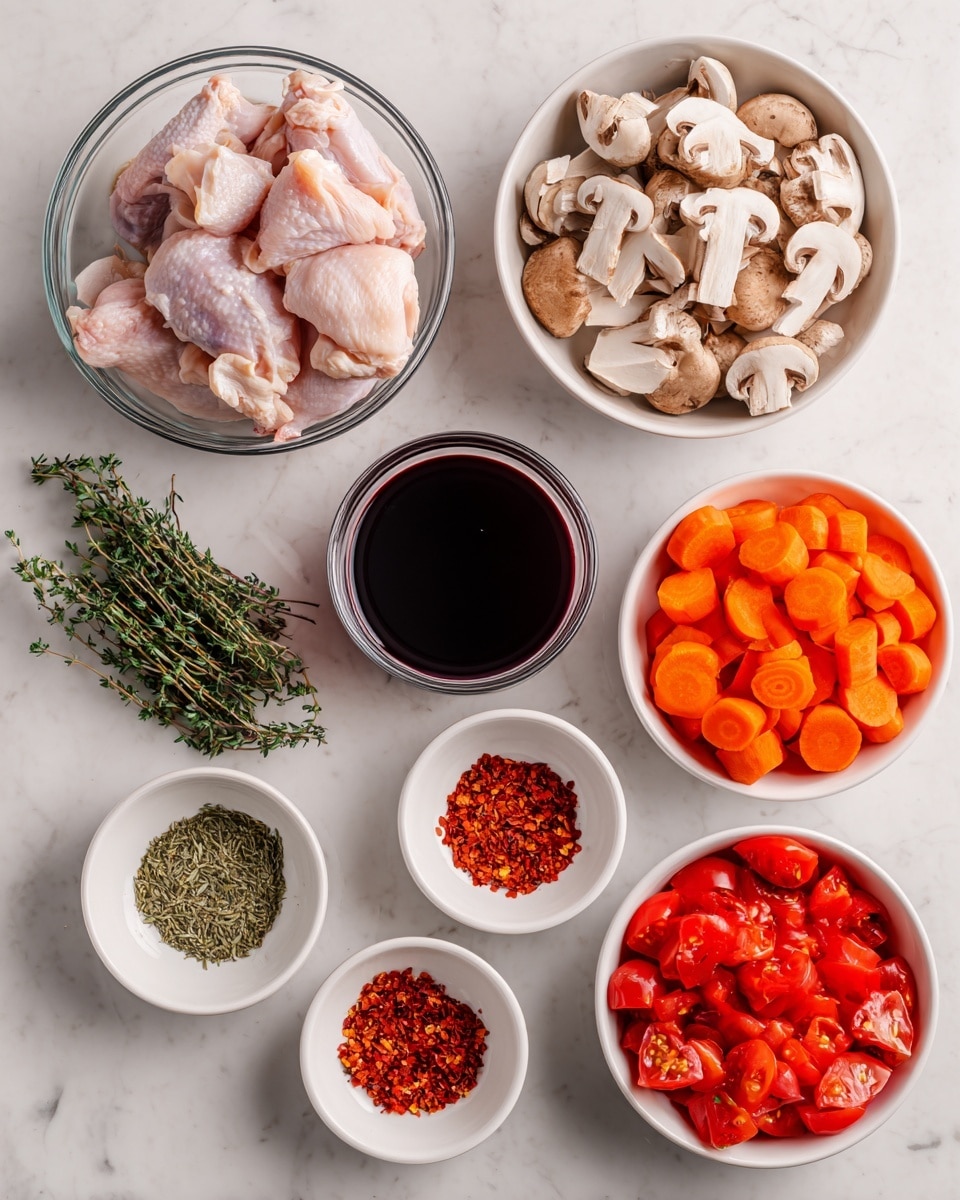 The image shows several small white bowls and a clear glass bowl arranged on a white marbled surface. At the top left, the glass bowl holds raw chicken thighs, pale pink with some white fat. To the right, a white bowl filled with sliced light brown mushrooms is placed. Below the chicken, another white bowl contains dark red wine. Near the center, a white bowl holds sliced orange carrots. To its right, white bowls contain bright red crushed tomatoes, chopped red bell pepper, and halved red tomatoes with visible seeds inside. A small white bowl beneath the carrots contains dried green oregano, while another tiny white bowl next to it has red chili flakes. At the bottom left, a small white bowl holds fresh green thyme sprigs. The arrangement is neat, with good spacing, all placed on the bright, clean white marbled surface photo taken with an iphone --ar 4:5 --v 7